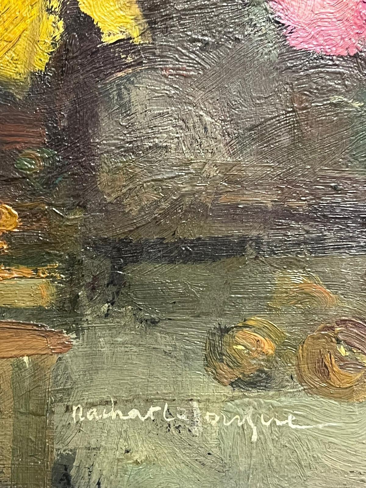 Natura morta floreale di anemoni luminosi in vaso di vetro Pittura ad olio della metà del XX secolo - Painting Impressionismo di French School