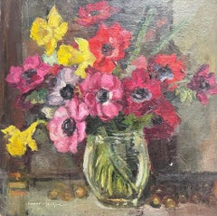 Blumenstillleben mit leuchtenden Engeln in Glasvase, Ölgemälde, Mitte des 20. Jahrhunderts