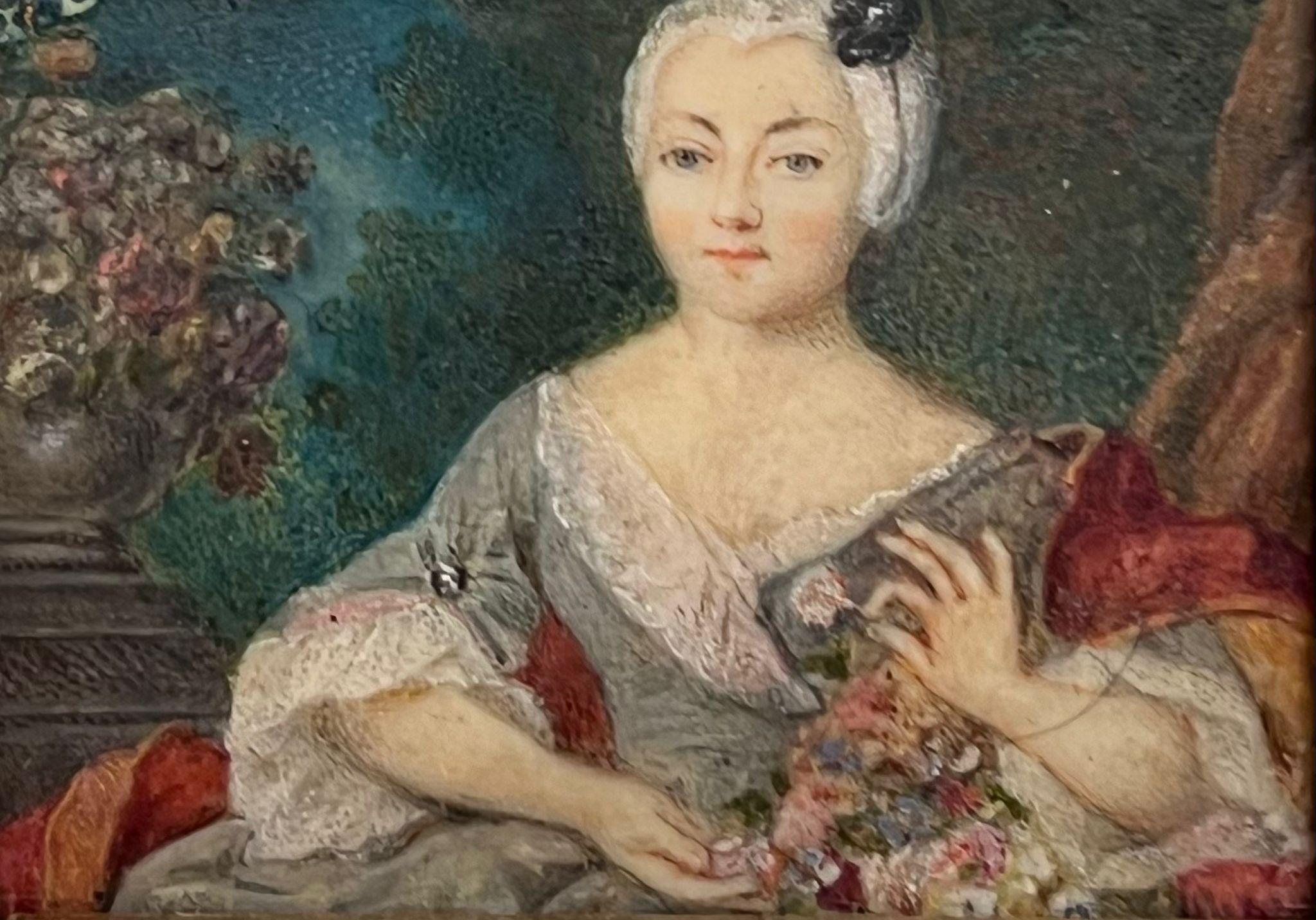 Ritratto in miniatura del 18° secolo francese di una signora rococò con cornice di pregio - Painting di French School