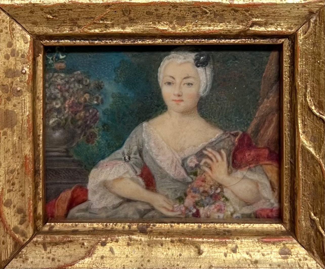Ritratto in miniatura del 18° secolo francese di una signora rococò con cornice di pregio - Painting Rococò di French School