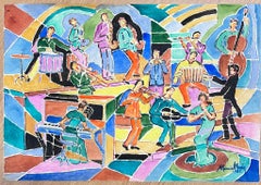 French 1960's Cubist Abstract Painting Musicians in Band Playing Colorful Image