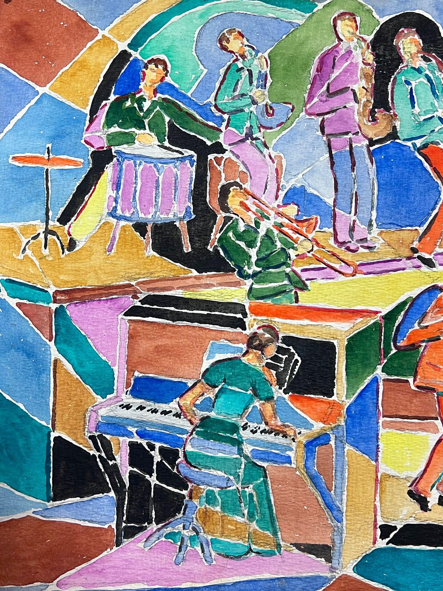 French 1960's Cubist Abstract Painting Musicians in Band Playing Colorful Image For Sale 3