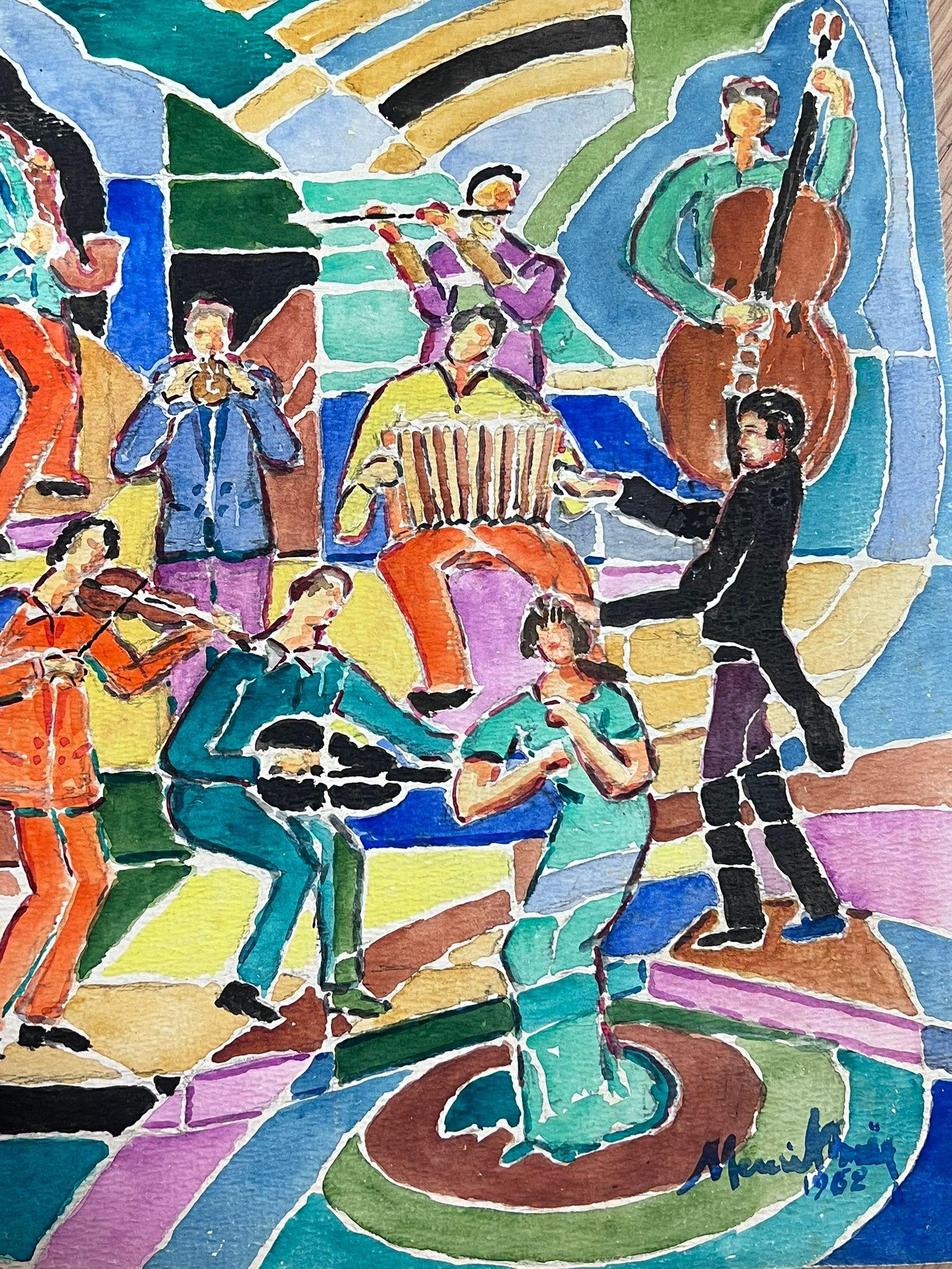 French 1960's Cubist Abstract Painting Musicians in Band Playing Colorful Image For Sale 5