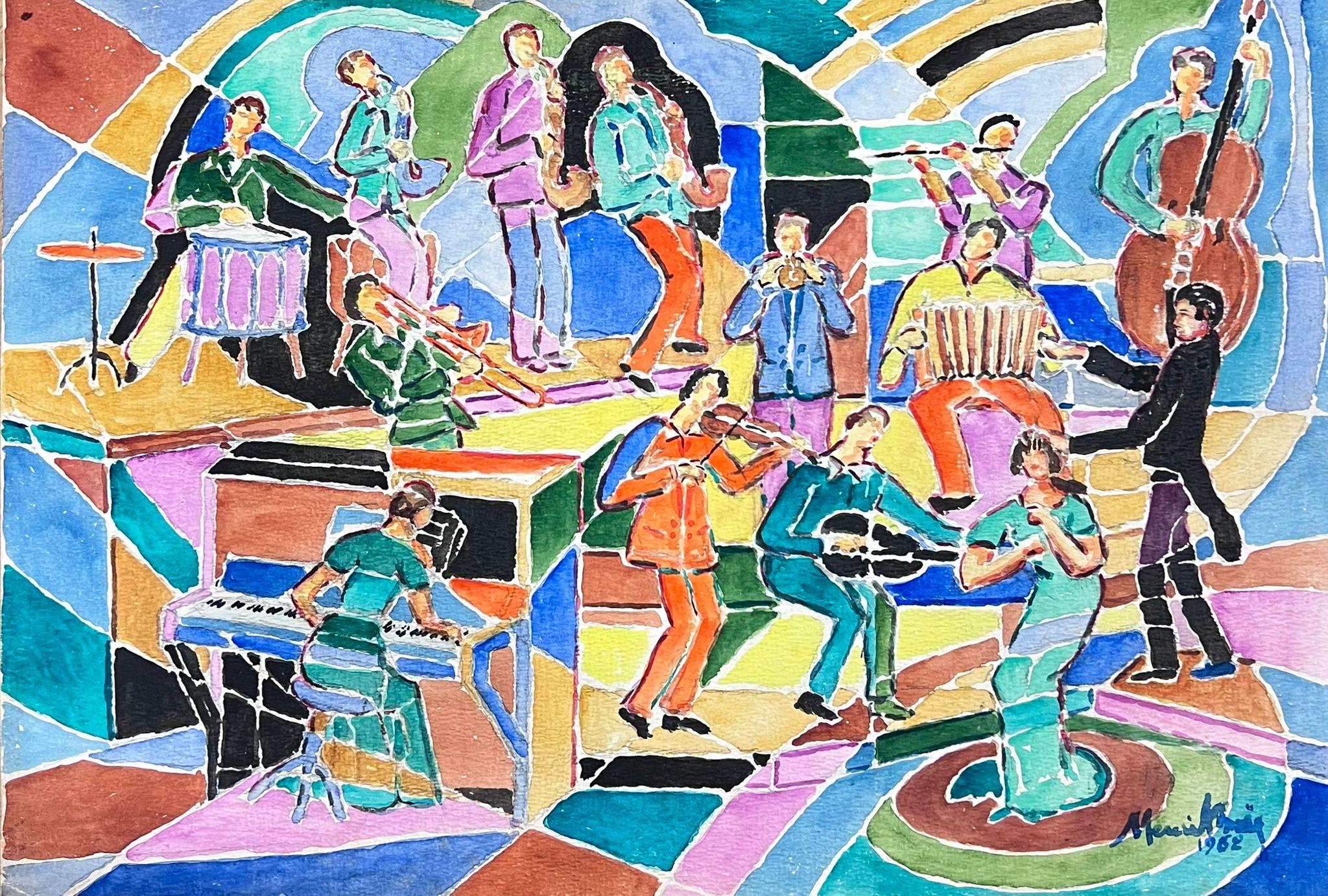 Pittura astratta cubista francese degli anni '60 Musicisti in banda che suonano Immagine colorata