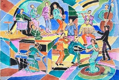 Pintura Cubista Abstracta Francesa Años 60 Músicos en Banda Tocando Imagen Colorida