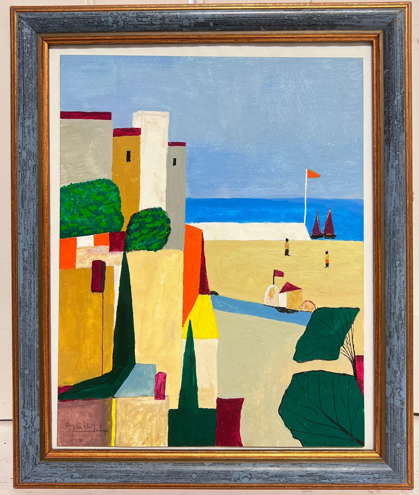 Pittura cubista francese firmata Scena di spiaggia Case - Painting di French School