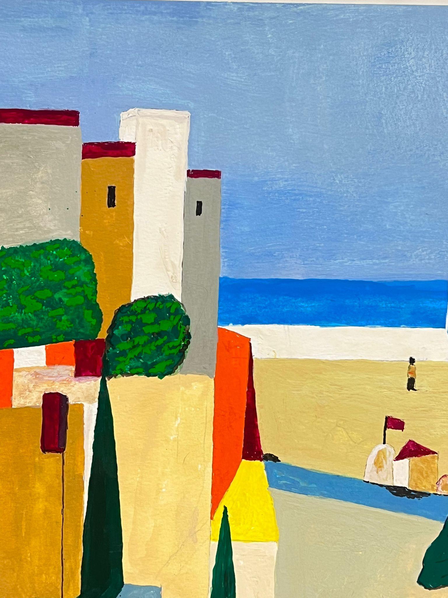 Pittura cubista francese firmata Scena di spiaggia Case 1