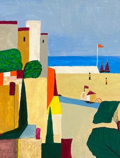 Pittura cubista francese firmata Scena di spiaggia Case
