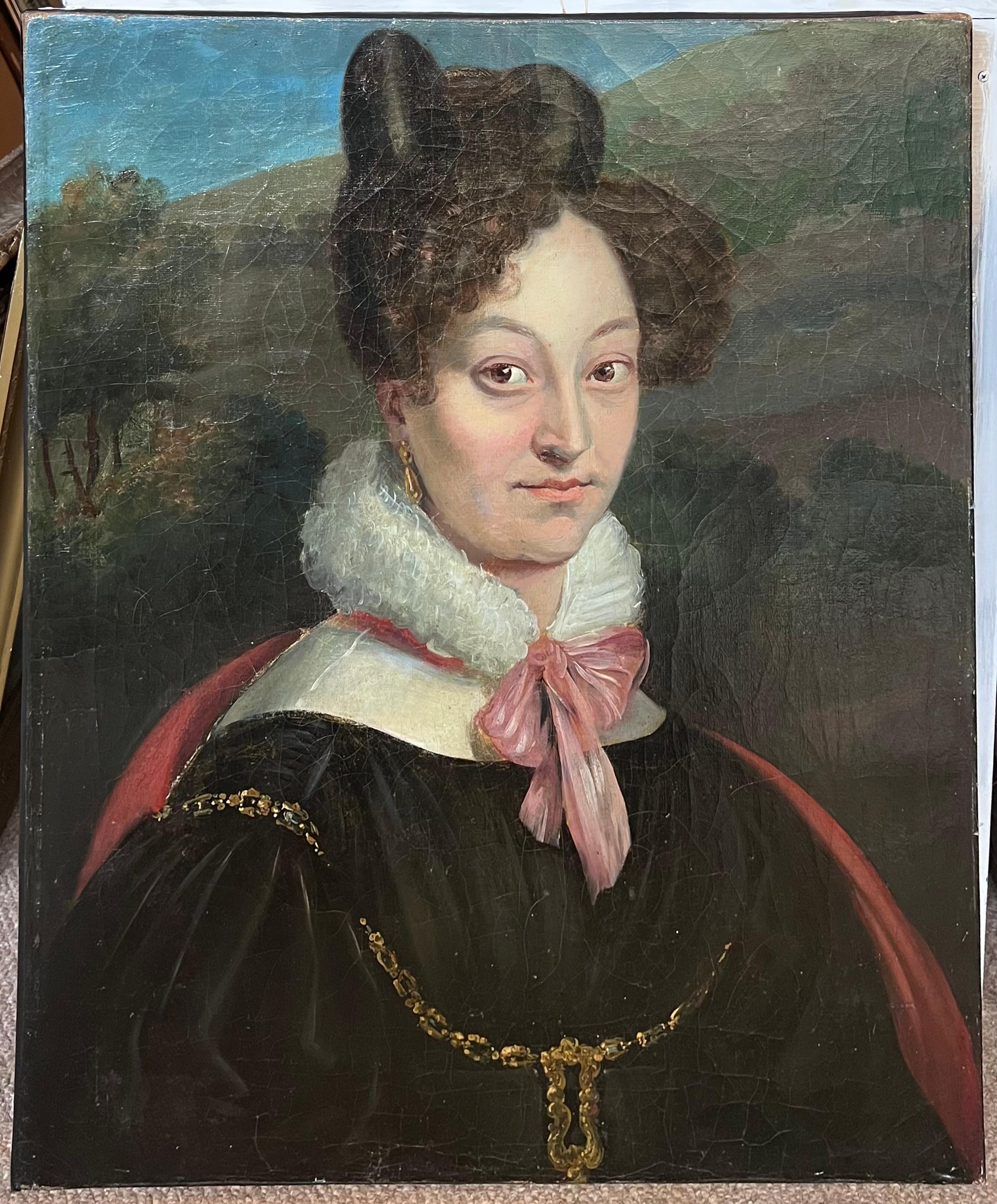 Periodo Imperio Francés Retrato de Joven a la Moda Pintura al Óleo Antigua - Painting de French School