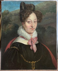 Peinture à l'huile d'époque Empire Antiques Portrait d'une jeune femme à la mode