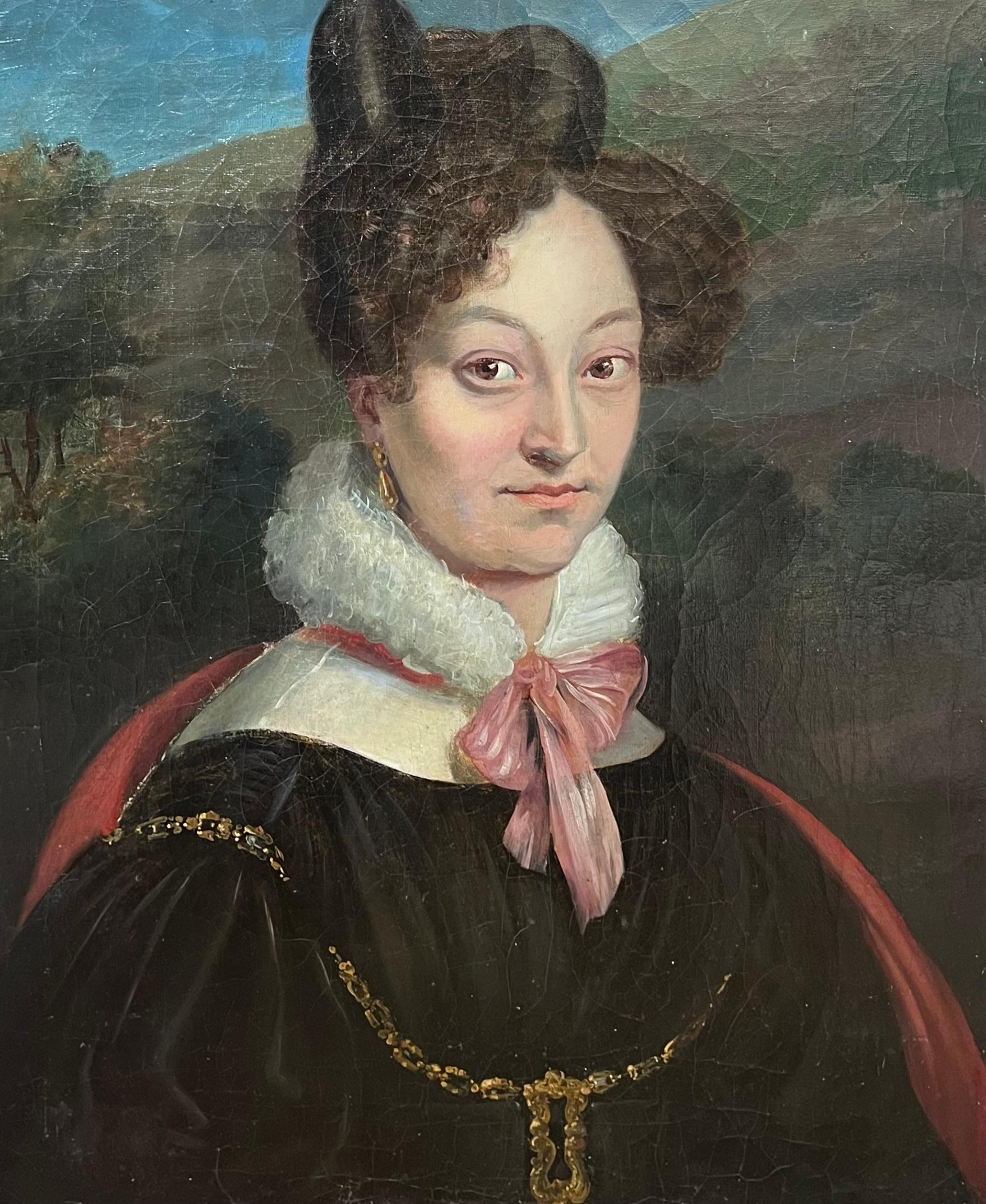 Ritratto di giovane donna alla moda del periodo dell'Impero francese Pittura ad olio antica
