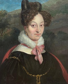 French Empire Period Portrait of Fashionable Young Lady Antique Oil Painting