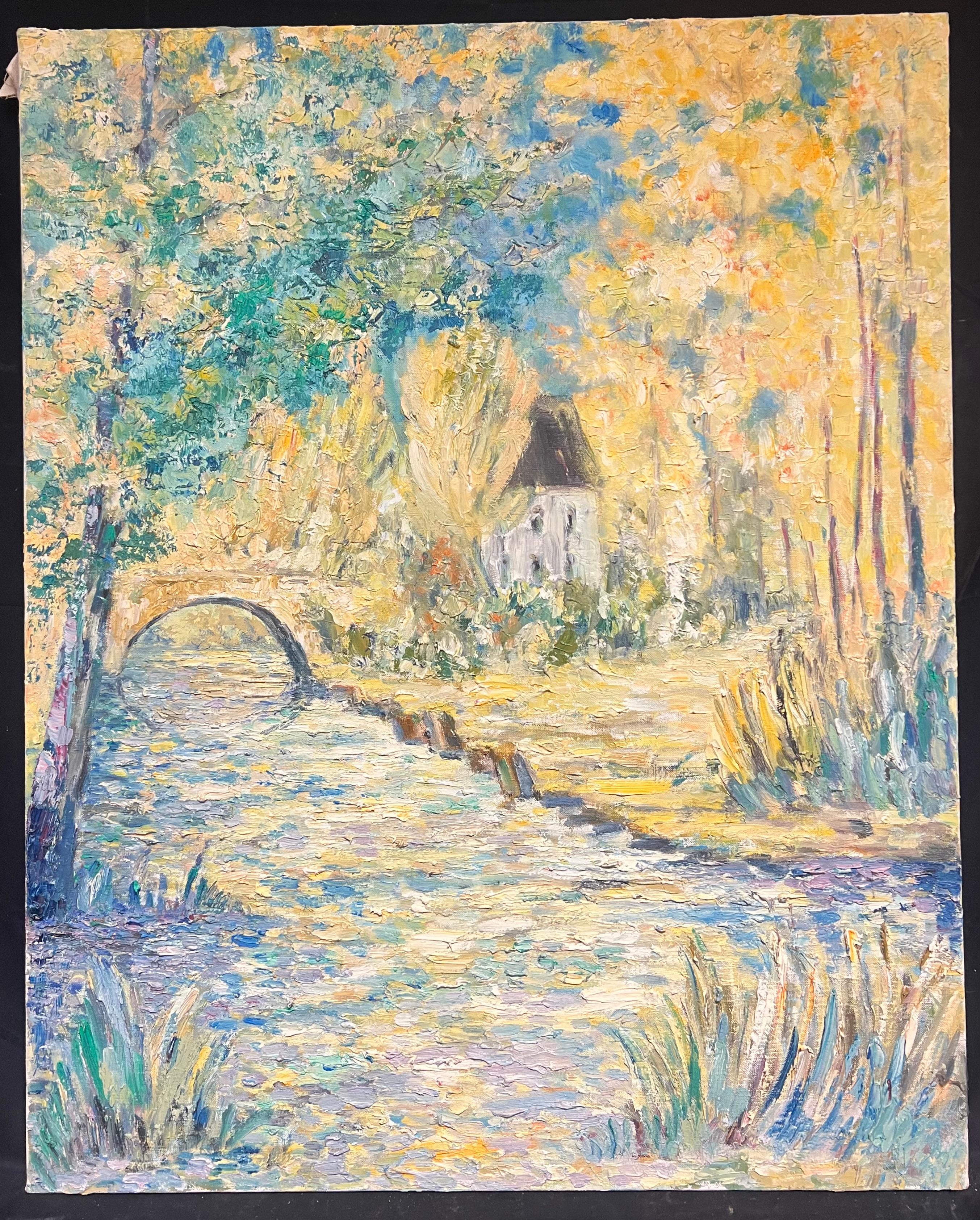 French Impressionist Countryside Thick Oil Impasto Bridge & Cottage by the River – Painting von French School