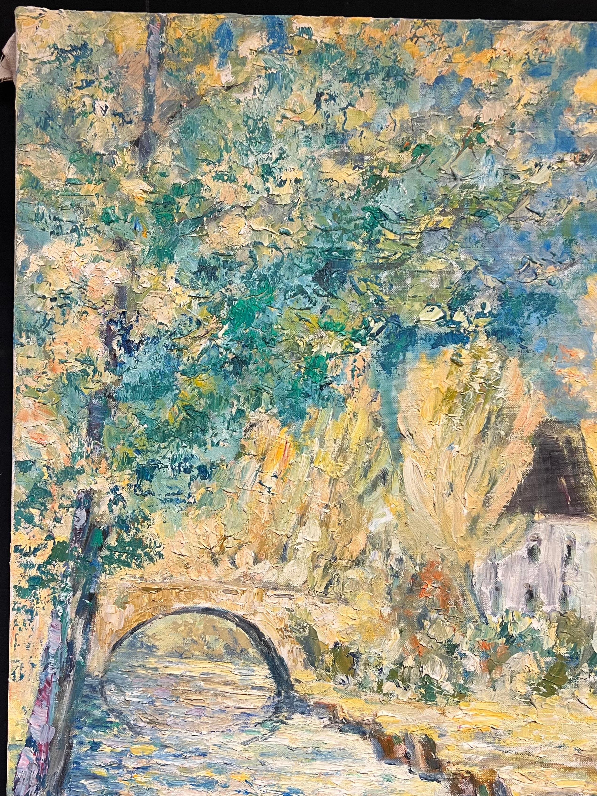 French Impressionist Countryside Thick Oil Impasto Bridge & Cottage by the River (Post-Impressionismus), Painting, von French School