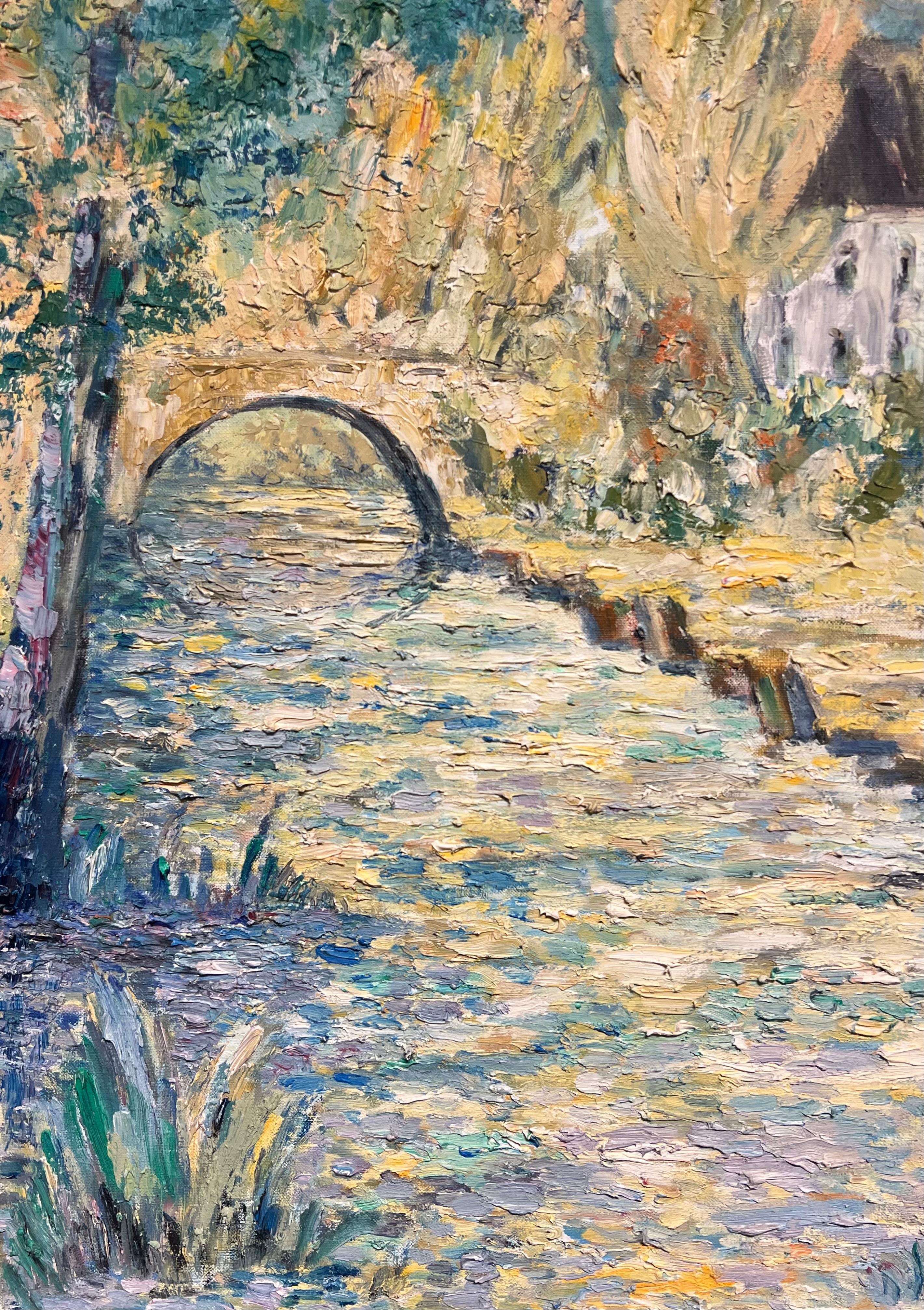 French Impressionist Countryside Thick Oil Impasto Bridge & Cottage by the River im Angebot 1