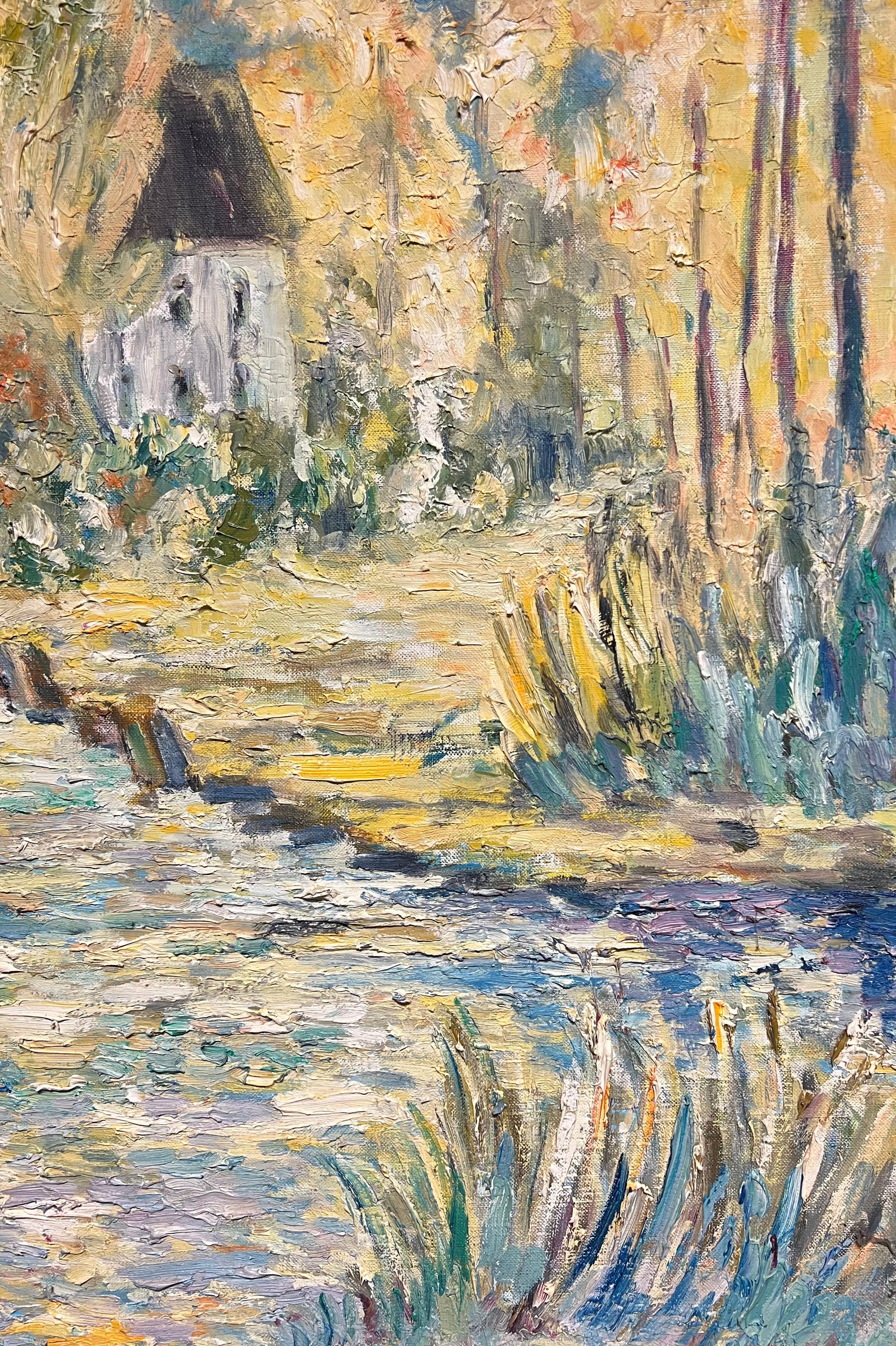 French Impressionist Countryside Thick Oil Impasto Bridge & Cottage by the River im Angebot 2