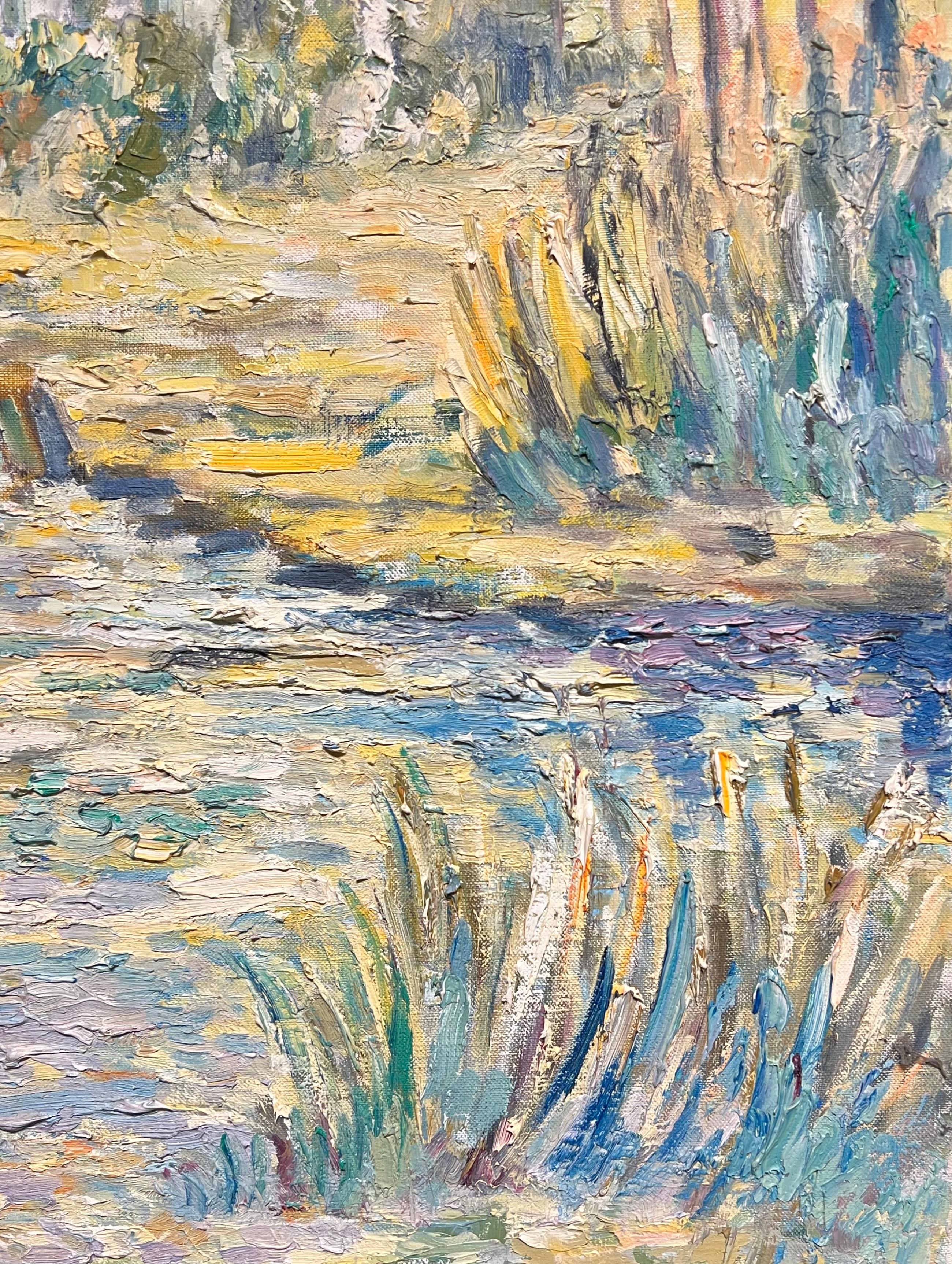 French Impressionist Countryside Thick Oil Impasto Bridge & Cottage by the River im Angebot 3