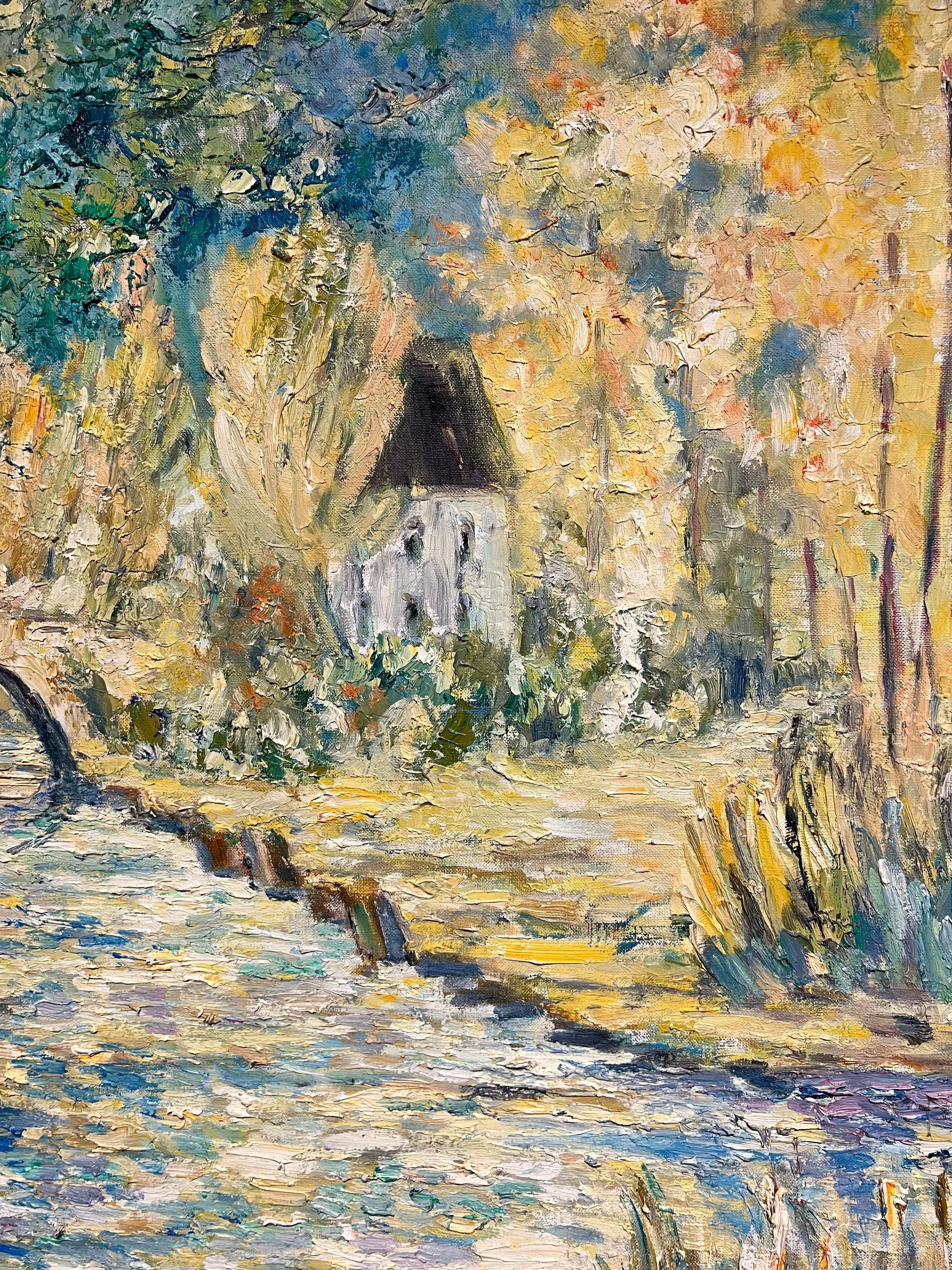 French Impressionist Countryside Thick Oil Impasto Bridge & Cottage by the River im Angebot 4