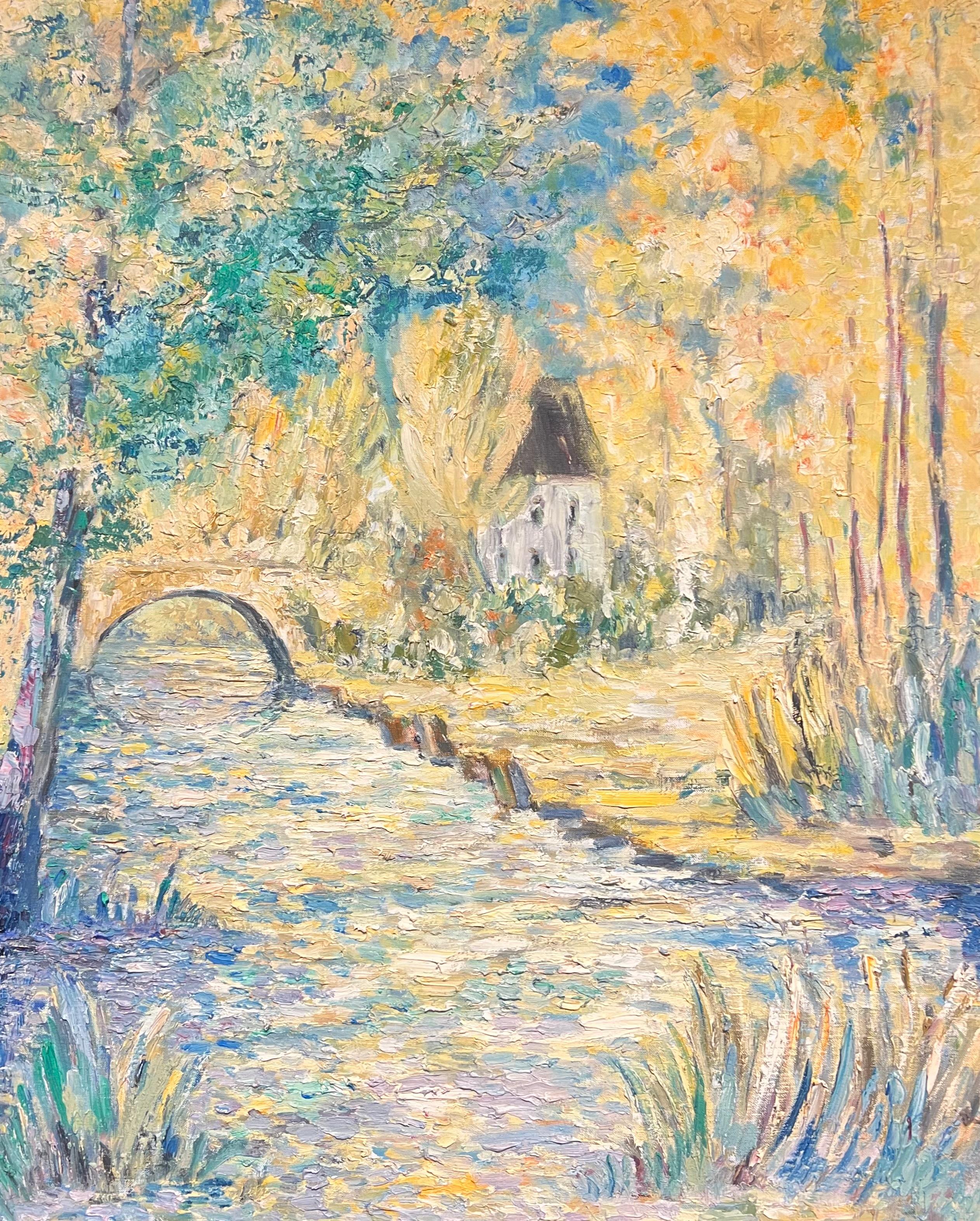 French School Landscape Painting – French Impressionist Countryside Thick Oil Impasto Bridge & Cottage by the River