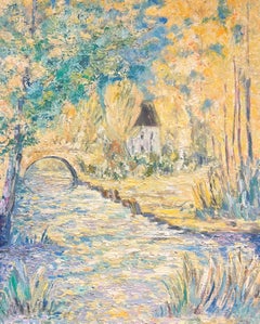 French Impressionist Countryside Thick Oil Impasto Bridge & Cottage by the River