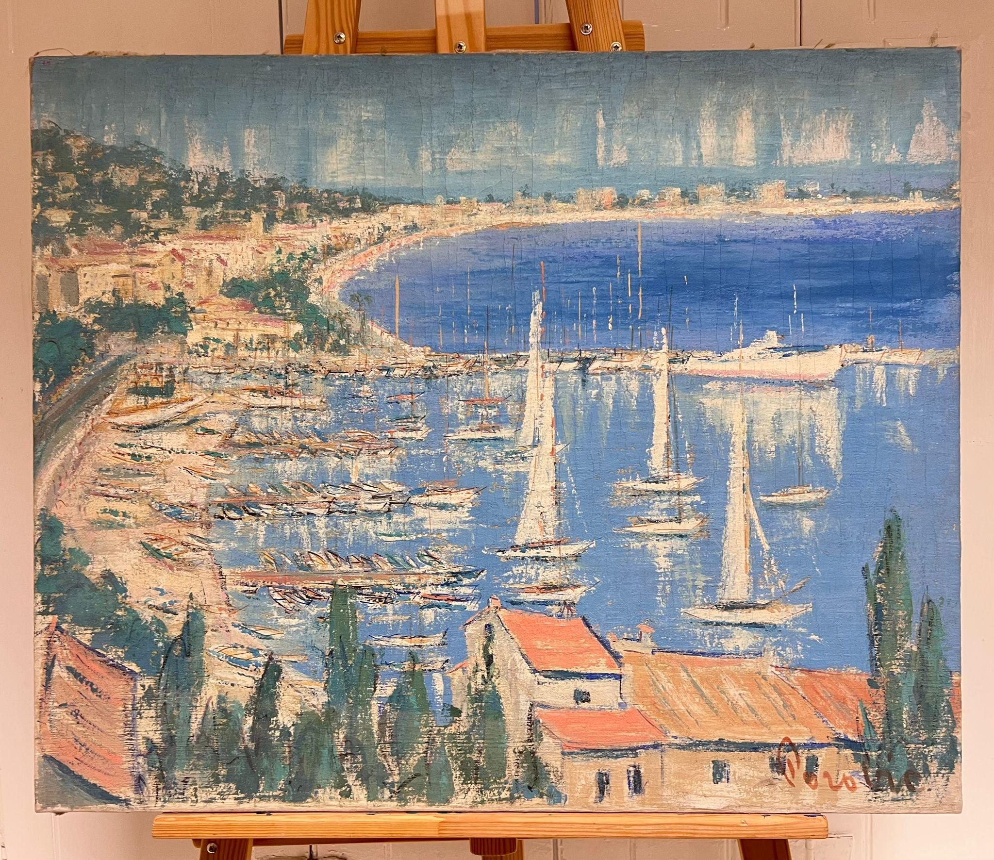 Escena portuaria mediterránea francesa Flotilla de yates Pueblo costero Pintura al óleo - Painting de French School