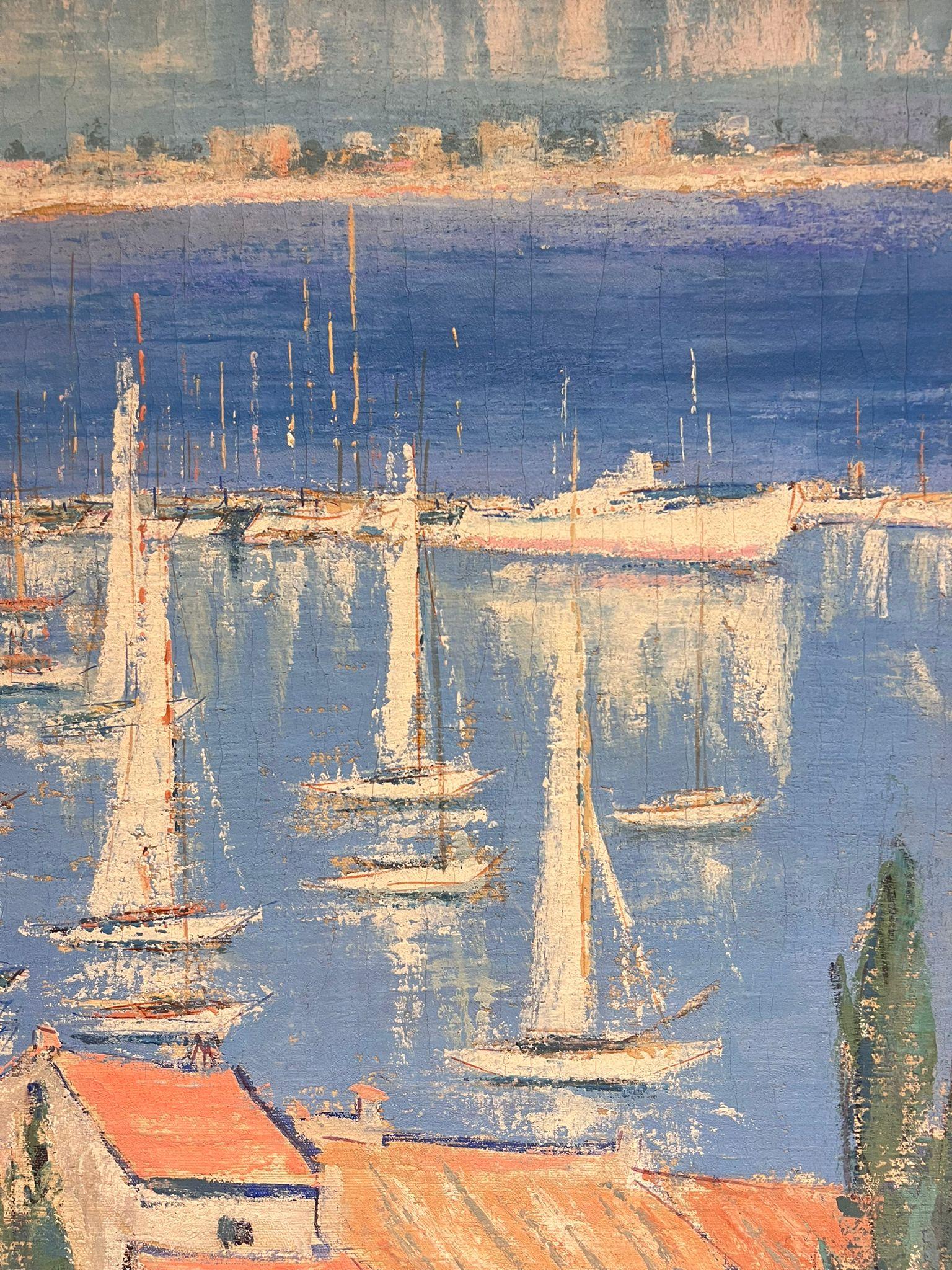 Escena portuaria mediterránea francesa Flotilla de yates Pueblo costero Pintura al óleo - Landscape Painting Gris de French School