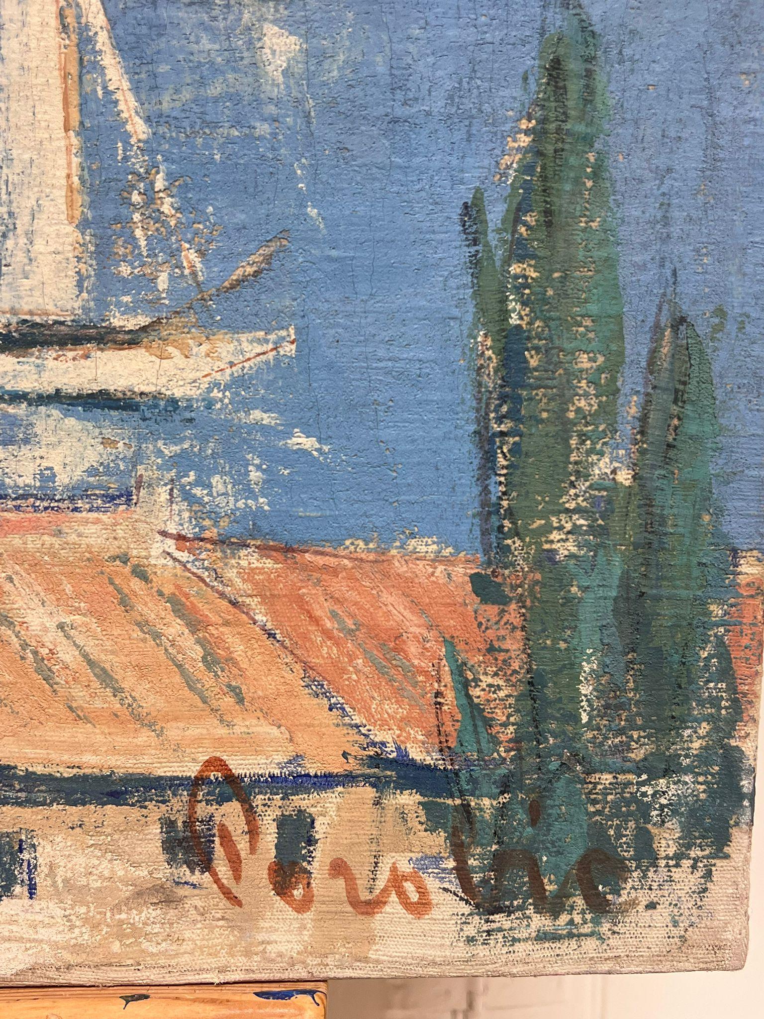 Escena portuaria mediterránea francesa Flotilla de yates Pueblo costero Pintura al óleo en venta 1