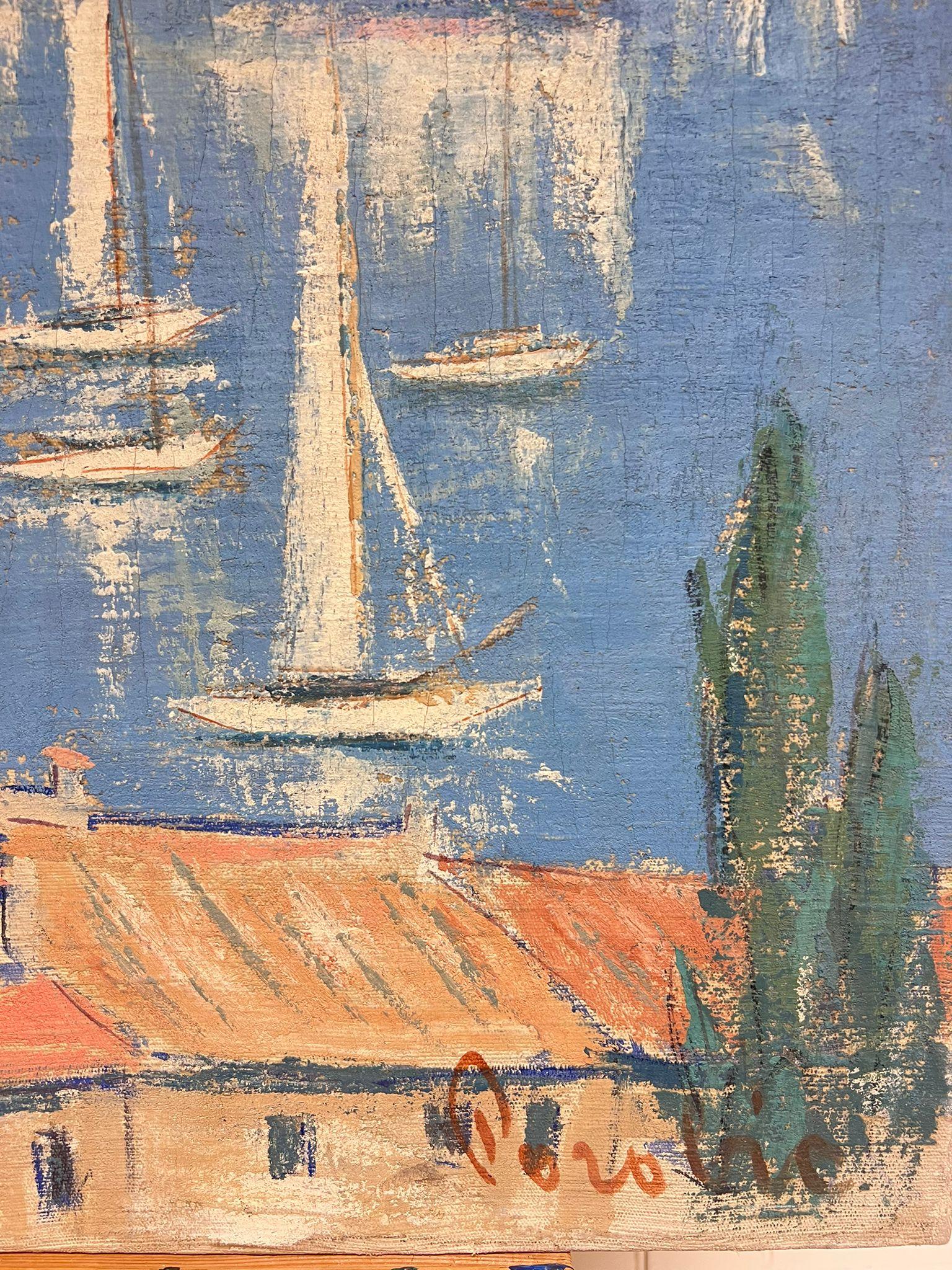 Escena portuaria mediterránea francesa Flotilla de yates Pueblo costero Pintura al óleo en venta 2