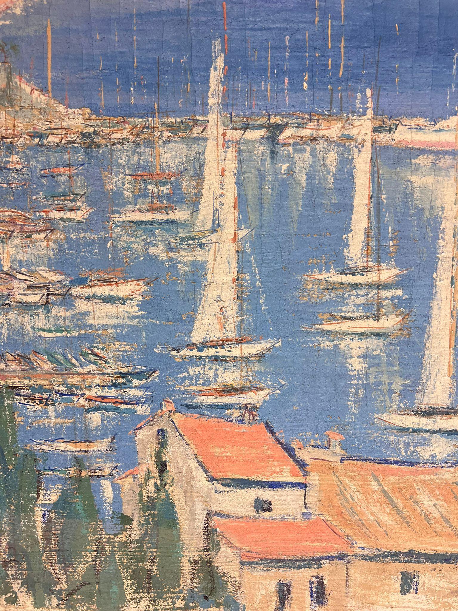 Escena portuaria mediterránea francesa Flotilla de yates Pueblo costero Pintura al óleo en venta 3