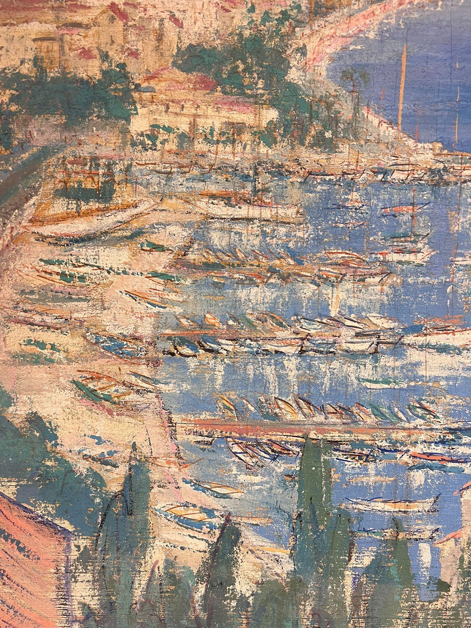 Escena portuaria mediterránea francesa Flotilla de yates Pueblo costero Pintura al óleo en venta 4