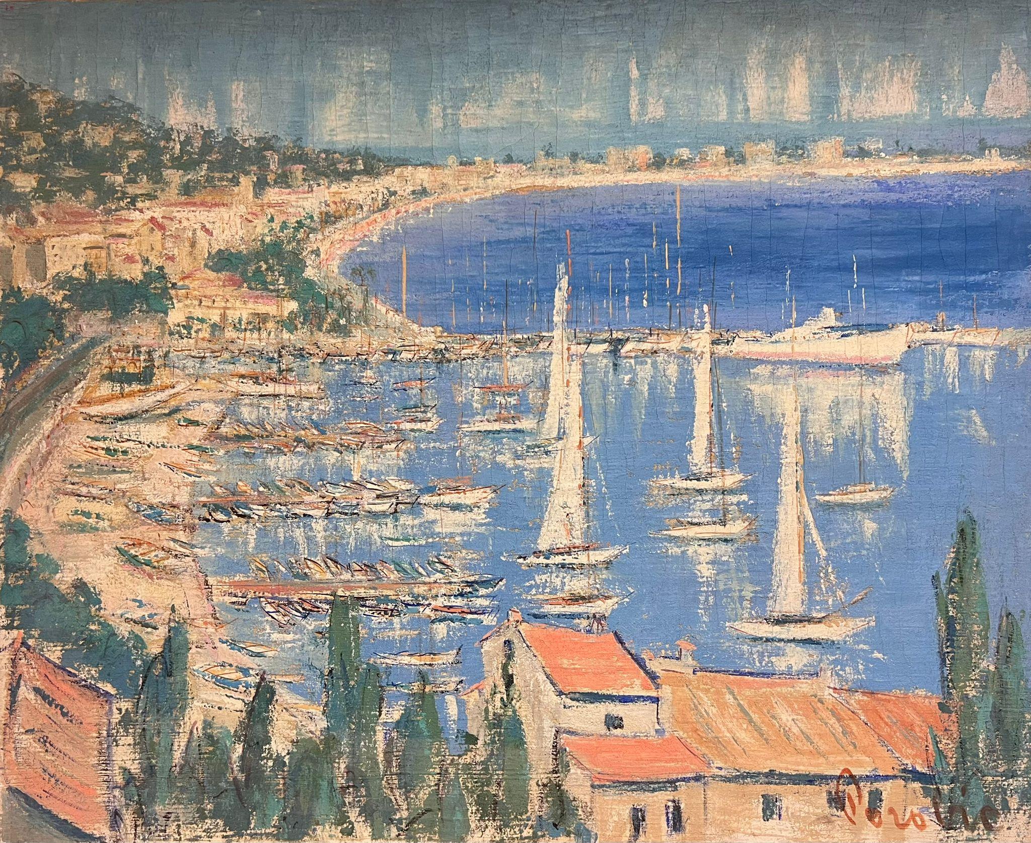 Landscape Painting de French School - Escena portuaria mediterránea francesa Flotilla de yates Pueblo costero Pintura al óleo