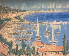 French Mediterranean Harbor Scene Yachts Flotilla Coastal Village Oil Painting