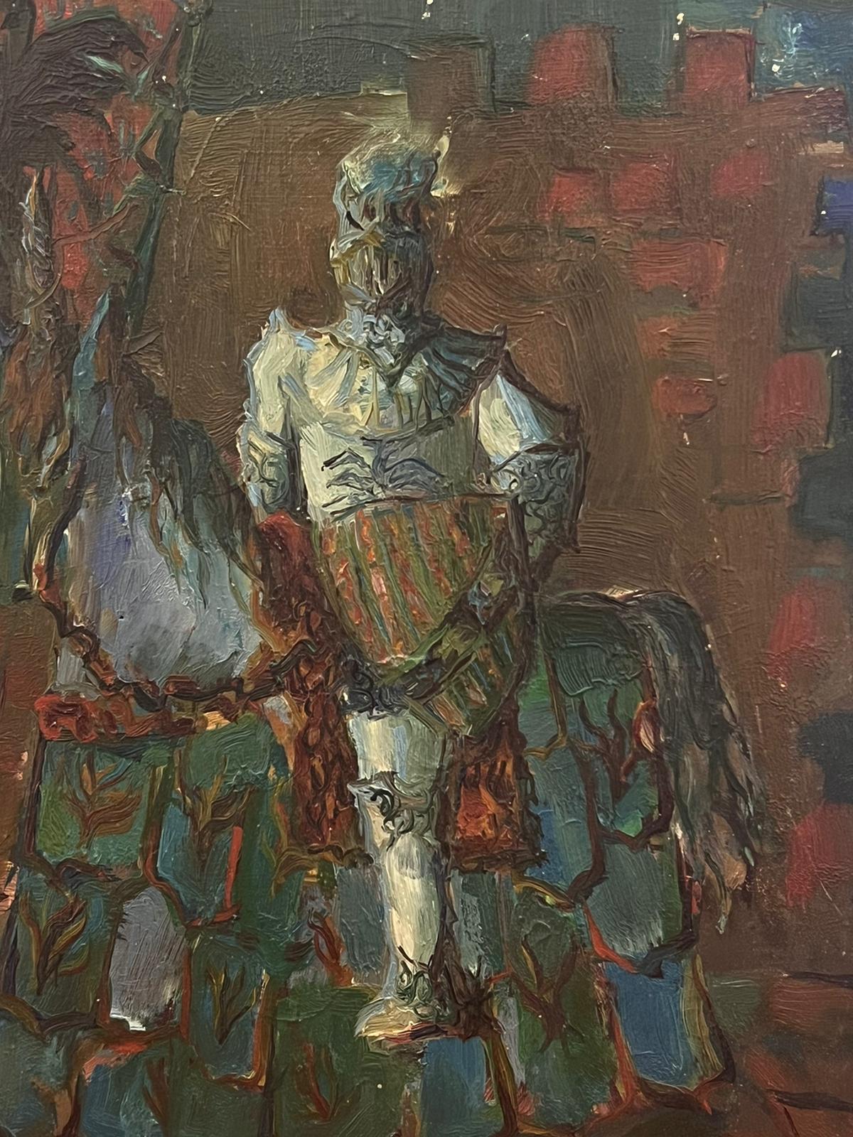 Animal Painting de French School - Pintura al óleo modernista francesa del siglo XX Caballero de brillante armadura a caballo