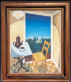 French Modernist Oil Coffee Table & Chair in Mediterranean Window Interior View