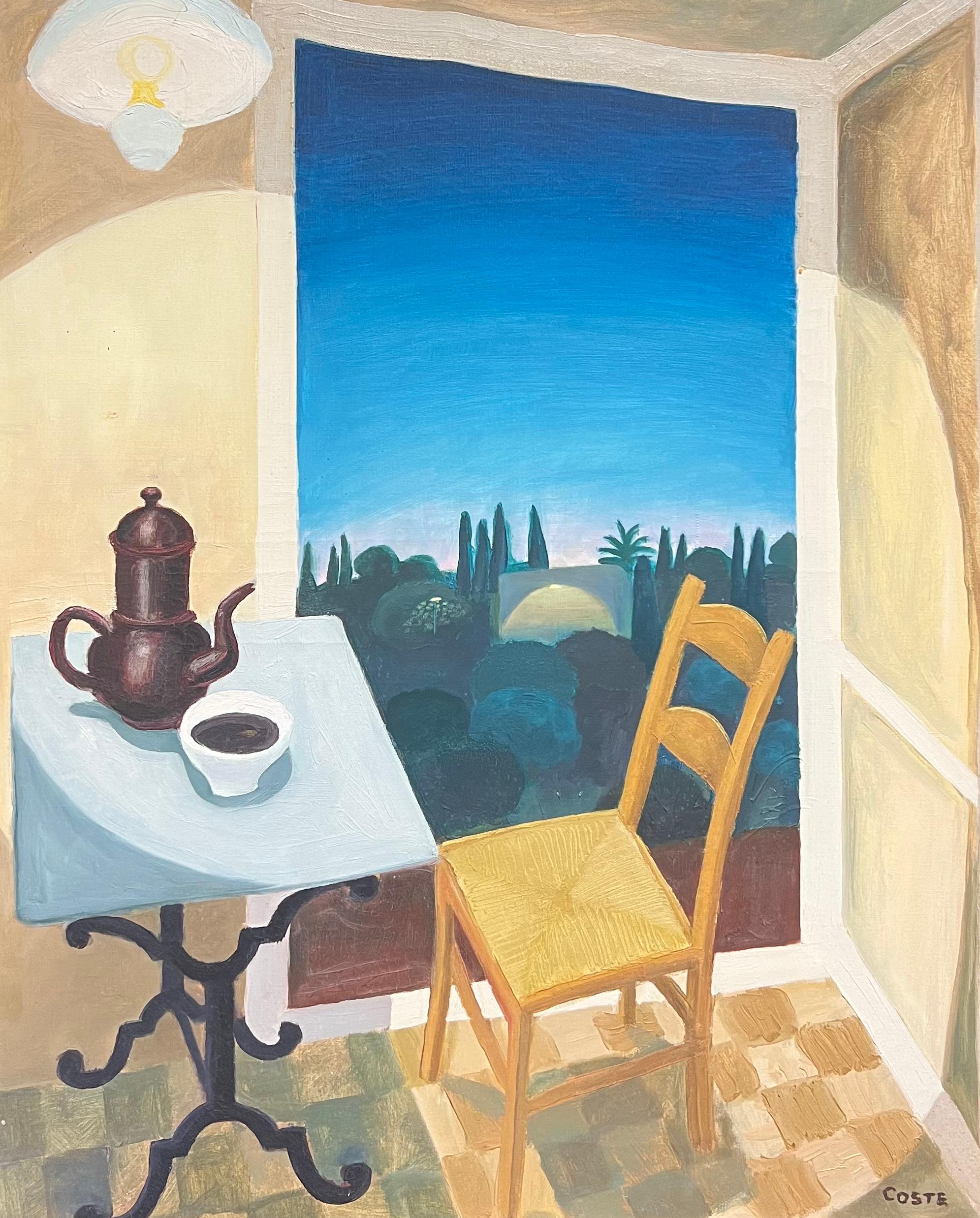 French Modernist Oil Coffee Table & Chair in Mediterranean Window Interior View - Beige Landscape Painting by French School