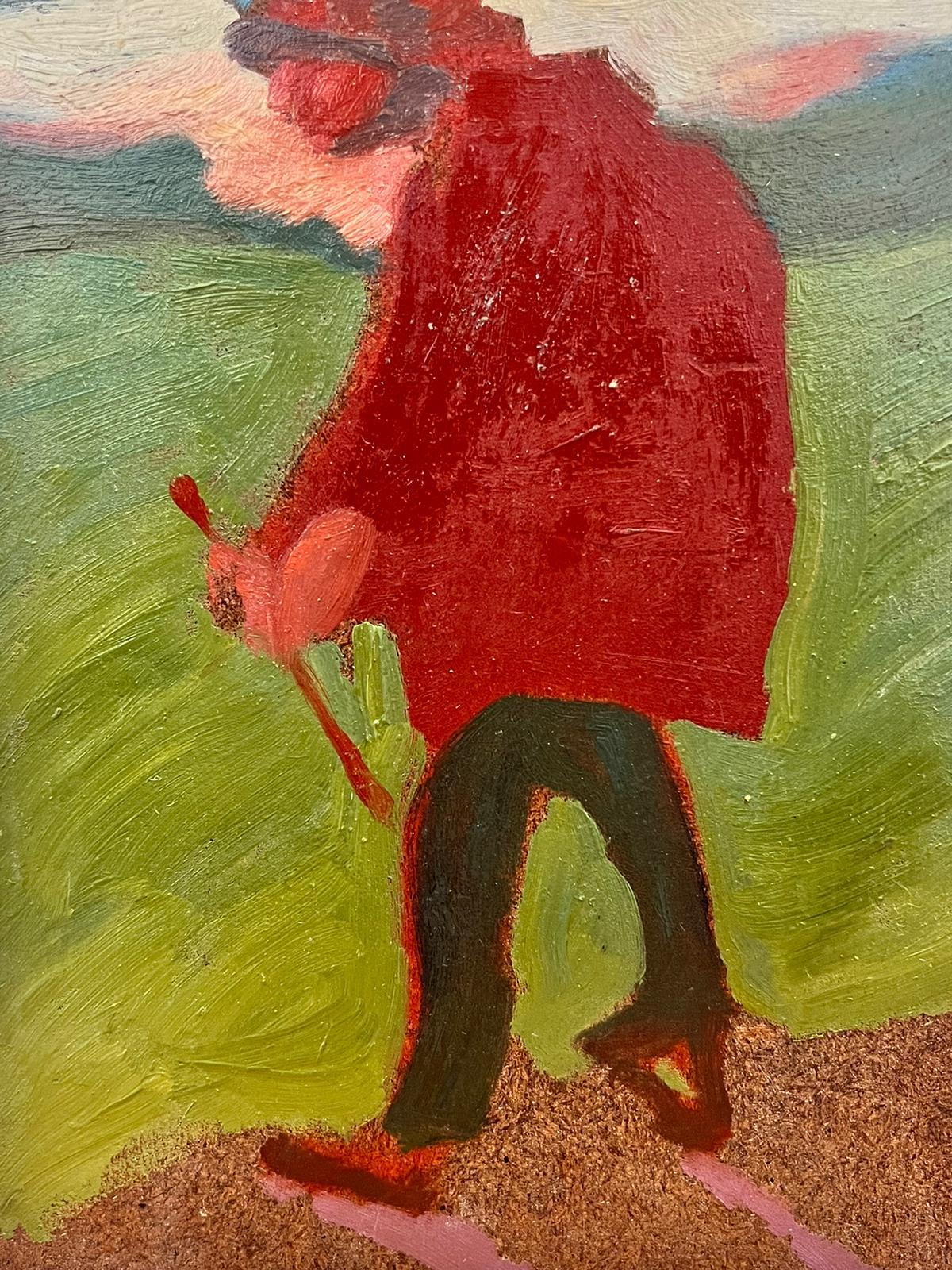 Pittura a olio modernista francese Uomo vestito di rosso che cammina in un paesaggio - Painting di French School