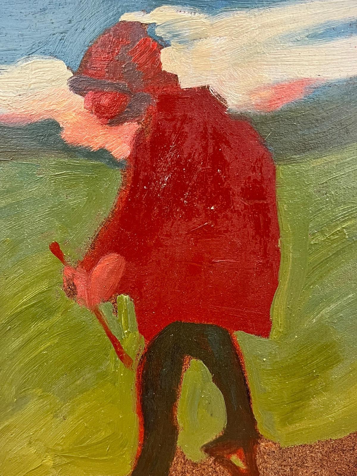 Pittura a olio modernista francese Uomo vestito di rosso che cammina in un paesaggio - Painting Moderno di French School