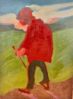 Pittura a olio modernista francese Uomo vestito di rosso che cammina in un paesaggio