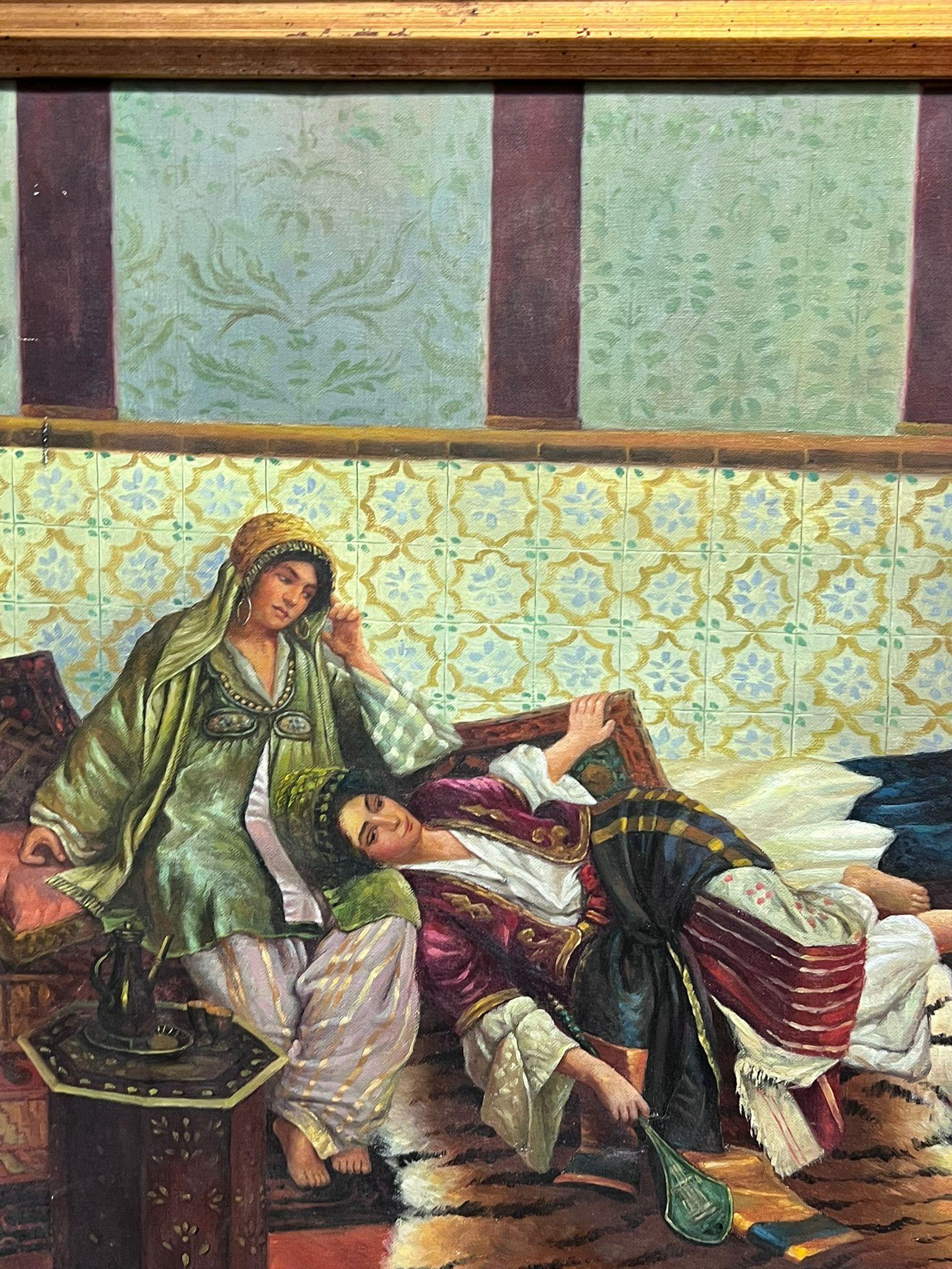 French North African Orientalist Oil Painting Hareem Interior Two Ladies For Sale 1