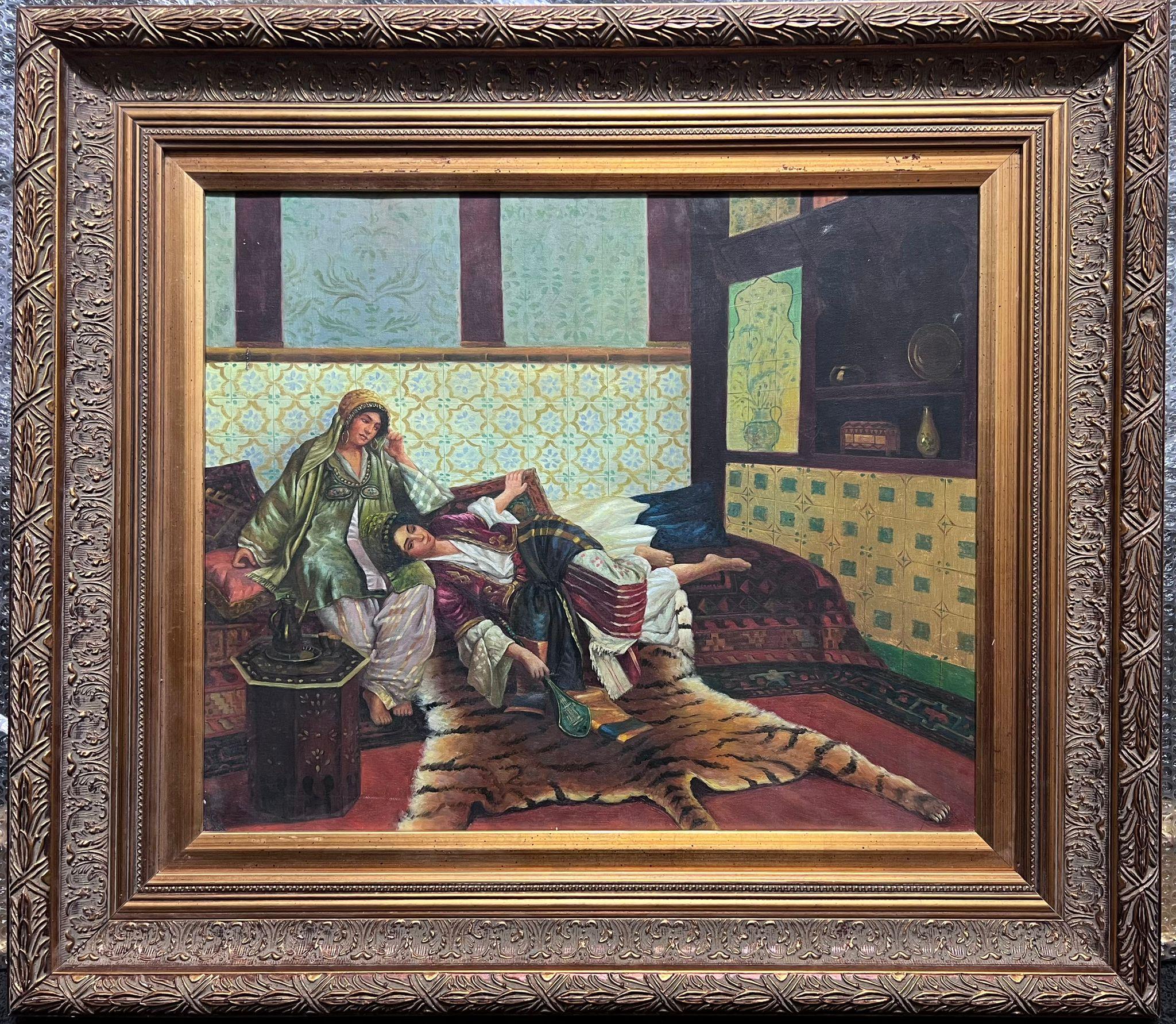 Interior Painting French School - Peinture à l'huile orientaliste française d'Afrique du Nord, intérieur d'un harem, deux femmes