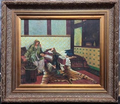 French North African Orientalist Oil Painting Hareem Interior Two Ladies