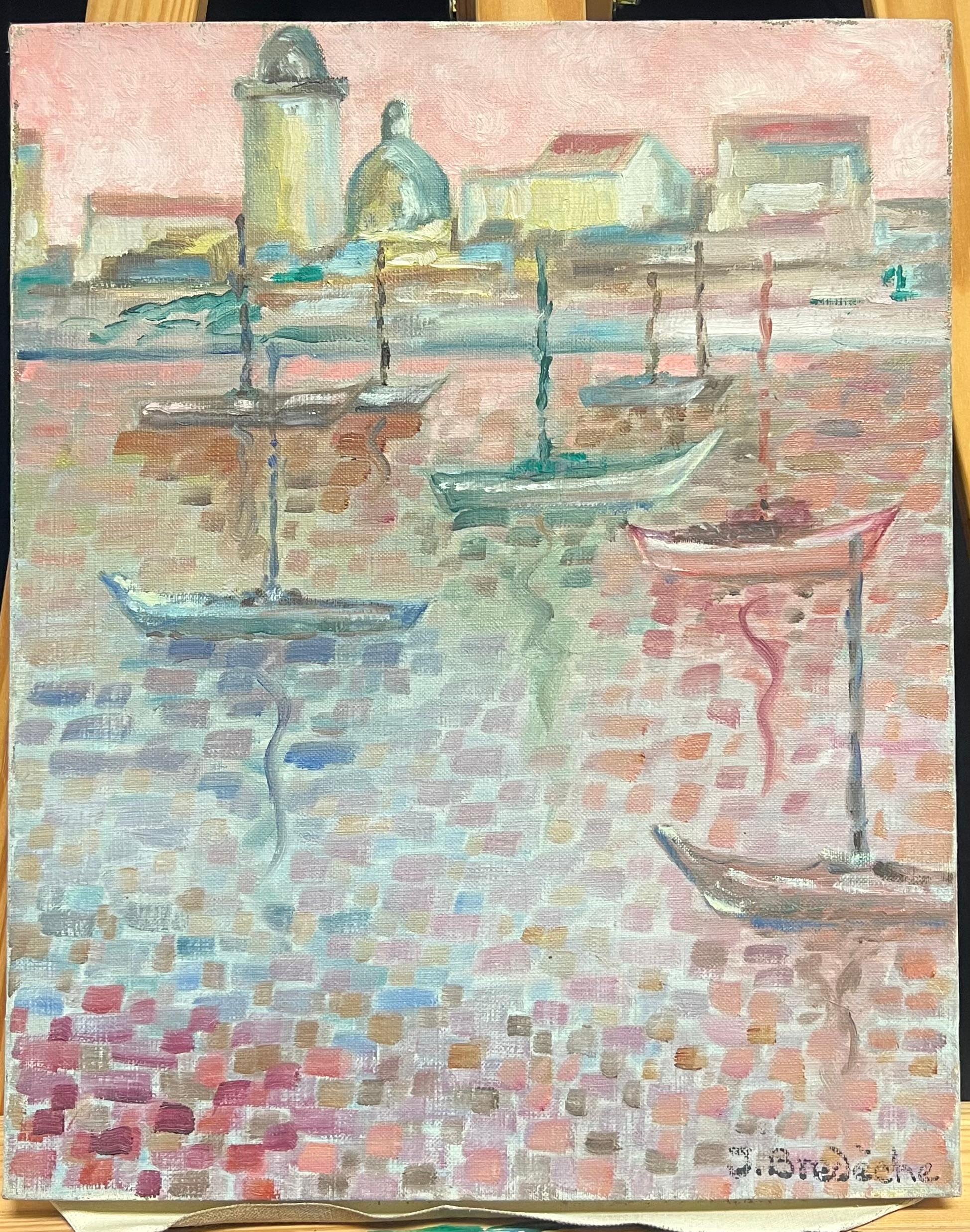 French Pointillist Harbor Scene with Boats Pastel Tones Signed Oil Painting - Beige Landscape Painting by French School