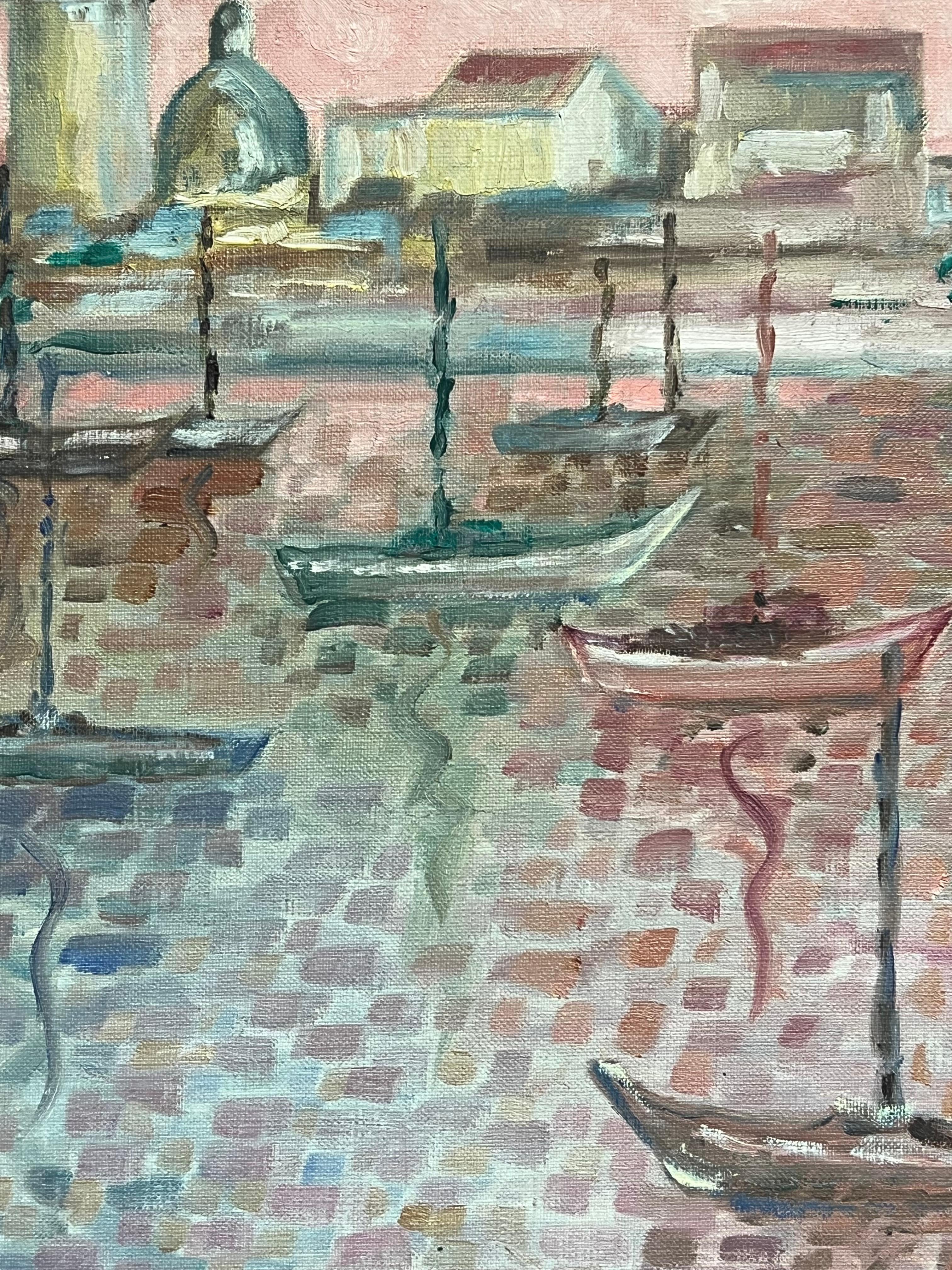 Harbor Scene
French Pointillist, second half 20th century
Signed oil on canvas, unframed
Canvas : 16 x 13 inches
Provenance: private collection, Paris
Condition: very good condition

Description:
This charming impressionist oil painting depicts a