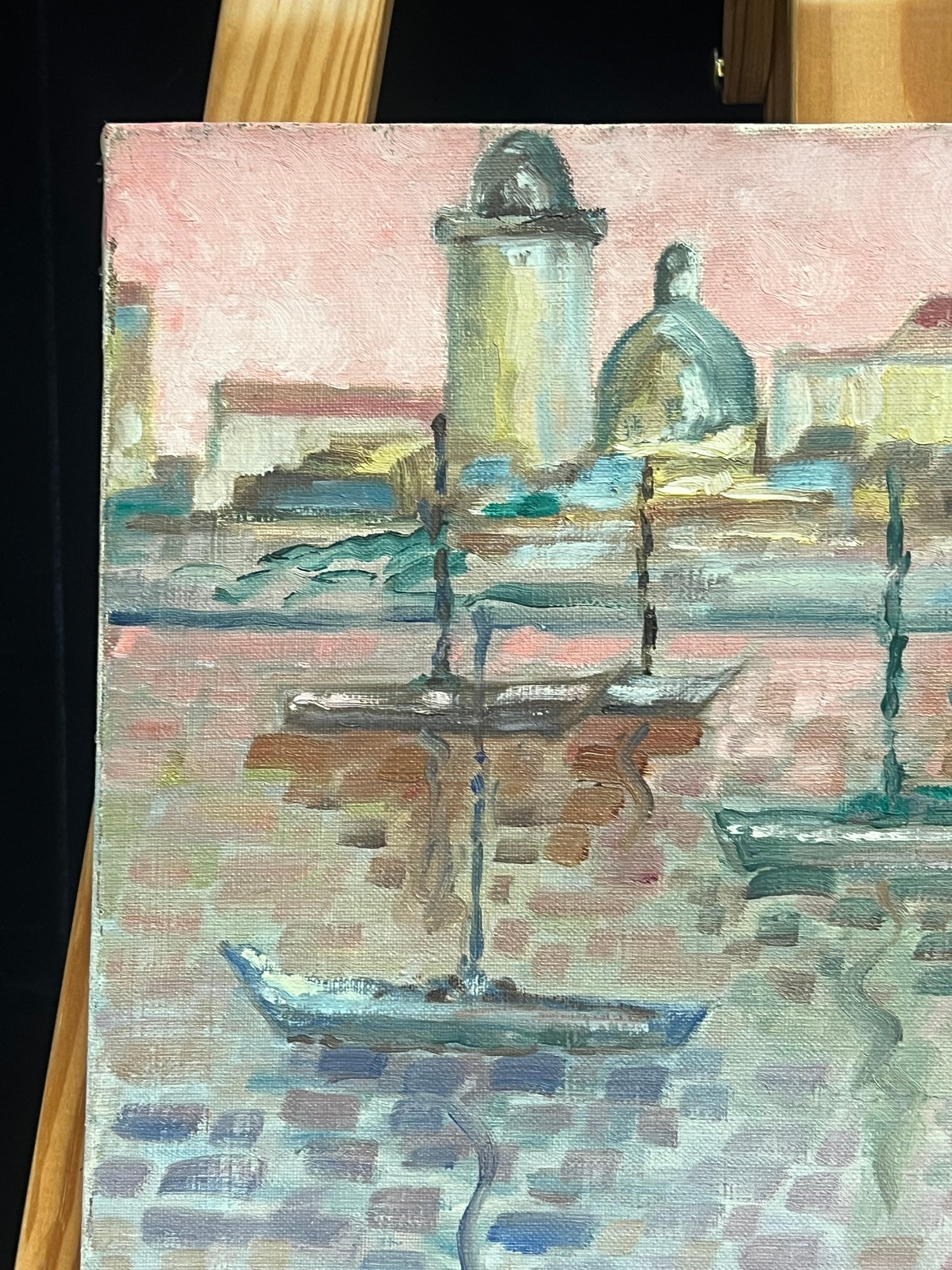 French Pointillist Harbor Scene with Boats Pastel Tones Signed Oil Painting For Sale 1