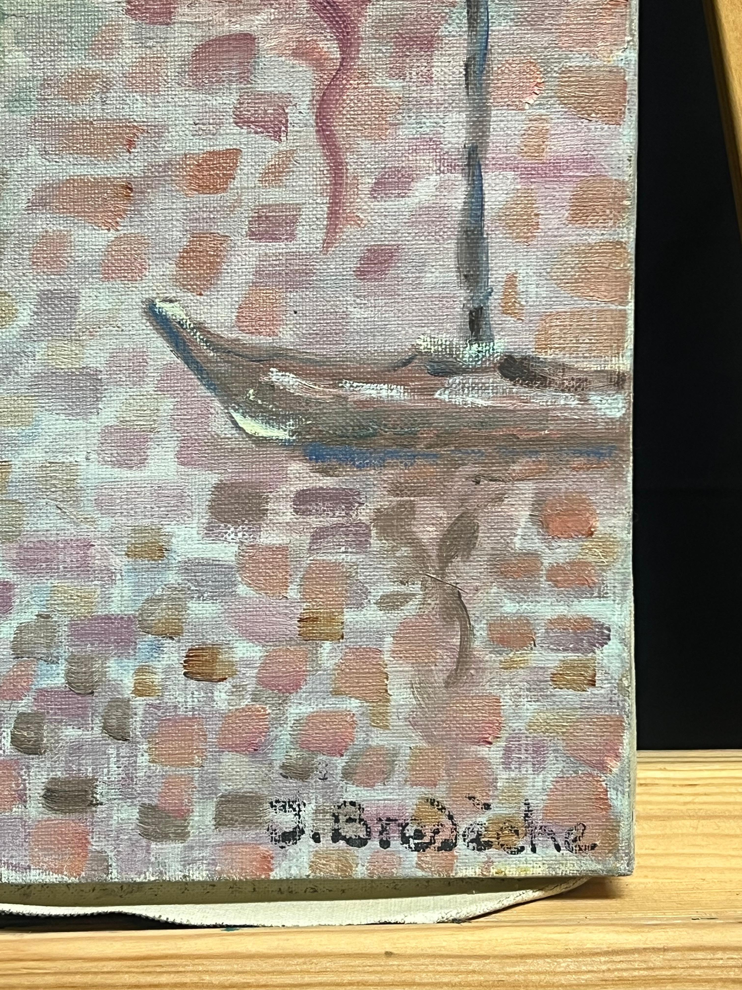 French Pointillist Harbor Scene with Boats Pastel Tones Signed Oil Painting For Sale 2