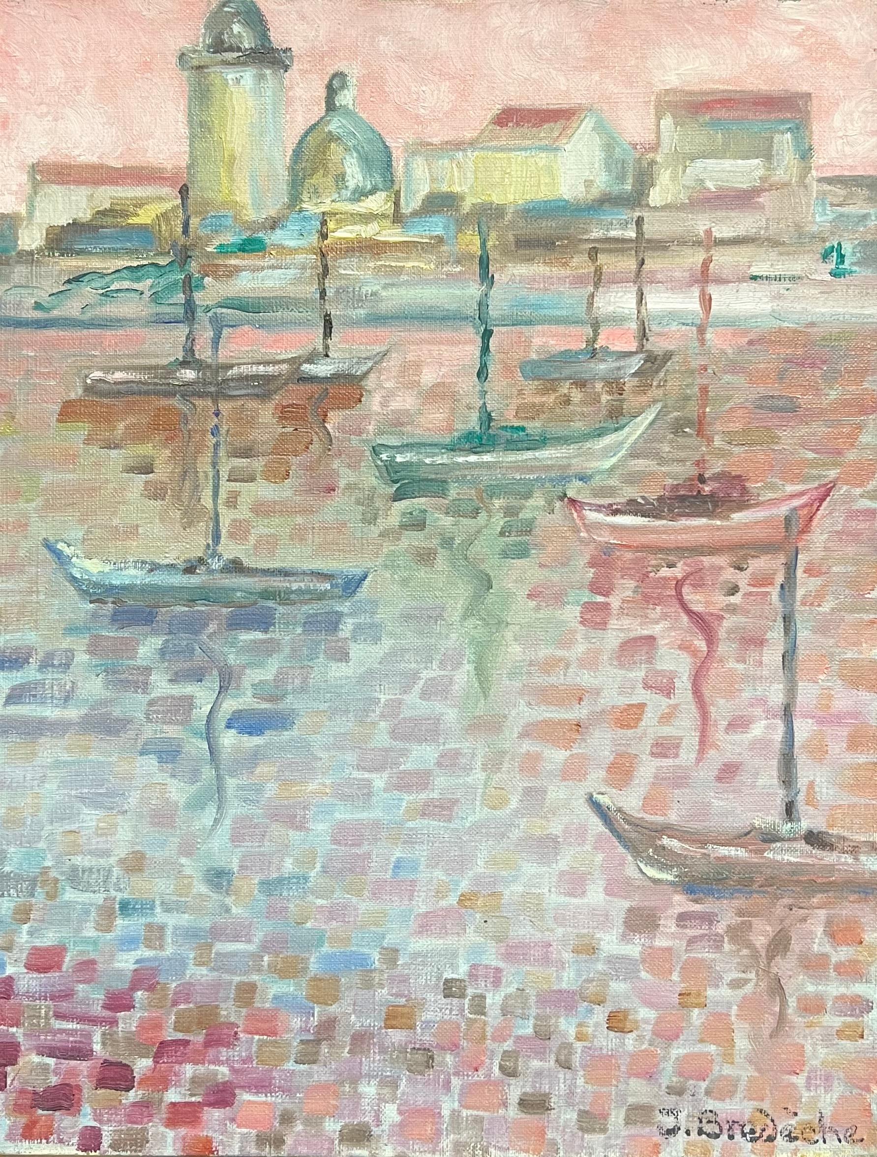 French School Landscape Painting - French Pointillist Harbor Scene with Boats Pastel Tones Signed Oil Painting