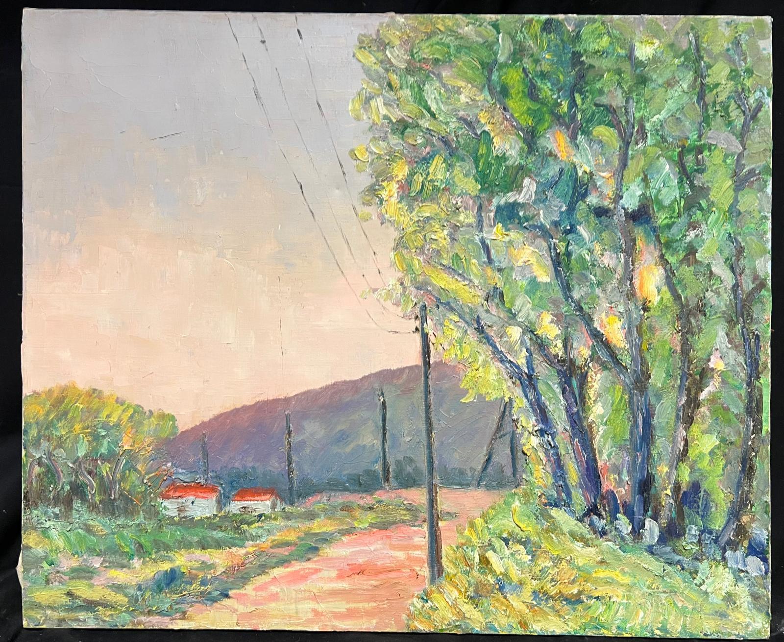 French Post-Impressionist Oil Painting 1975 Avenue of Large Trees Landscape For Sale 1