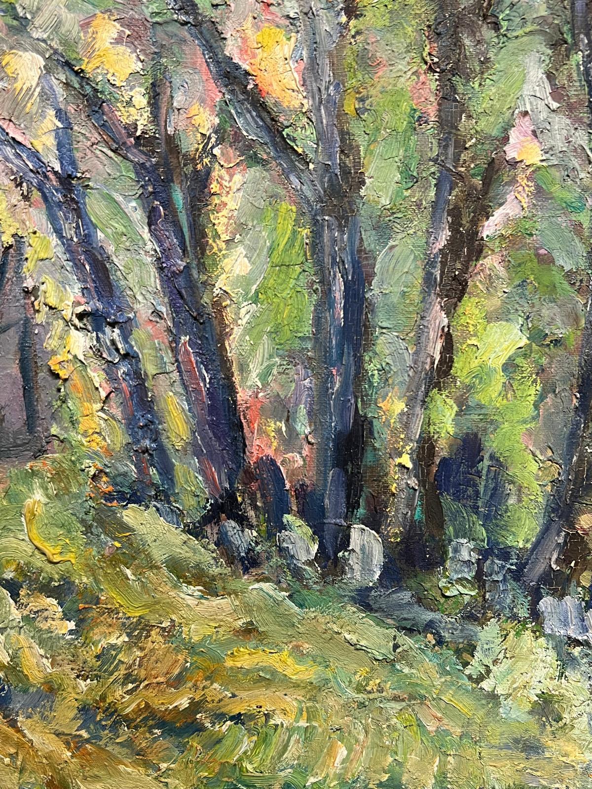 French Post-Impressionist Oil Painting 1975 Avenue of Large Trees Landscape For Sale 3