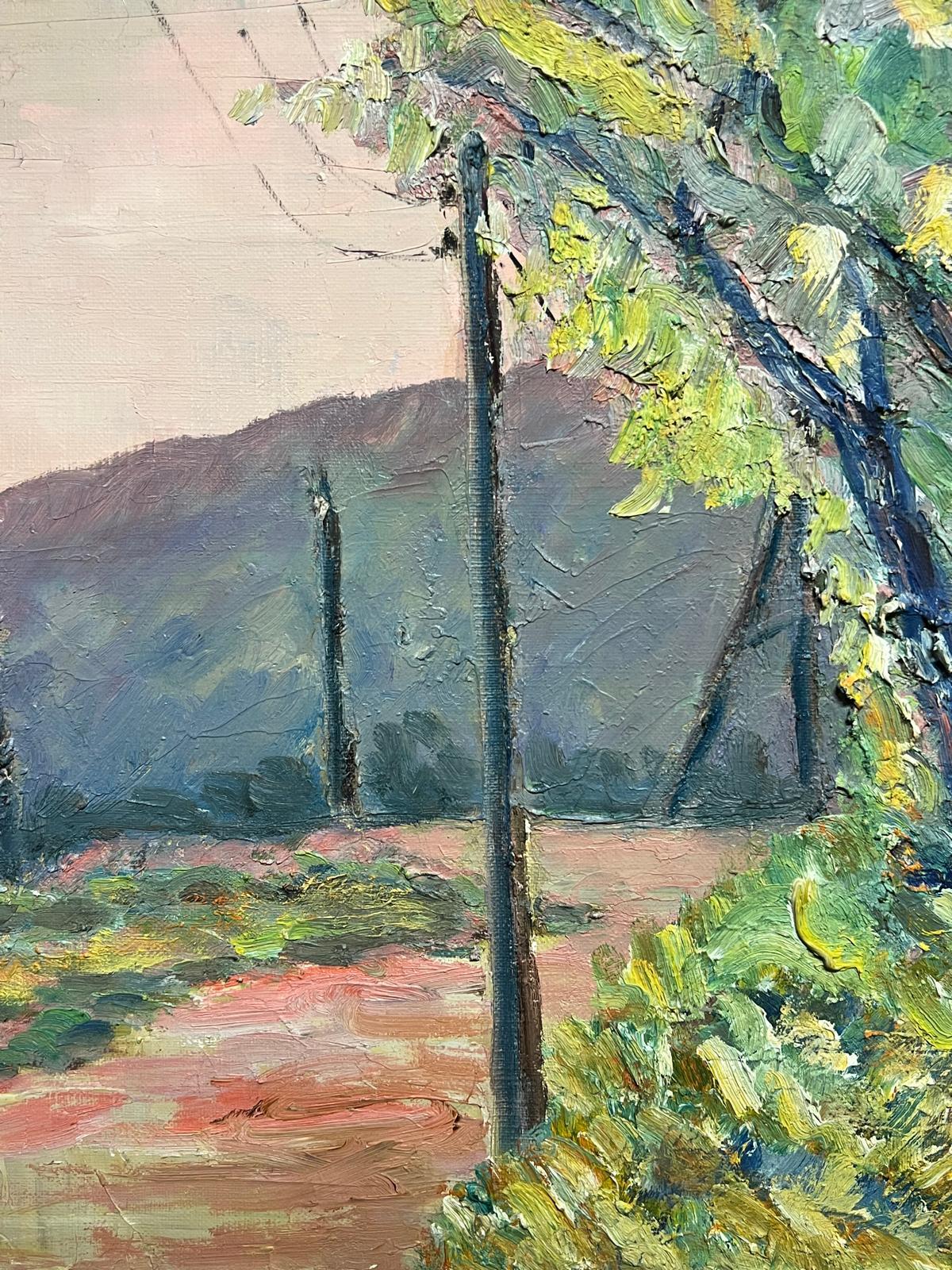 French Post-Impressionist Oil Painting 1975 Avenue of Large Trees Landscape For Sale 4