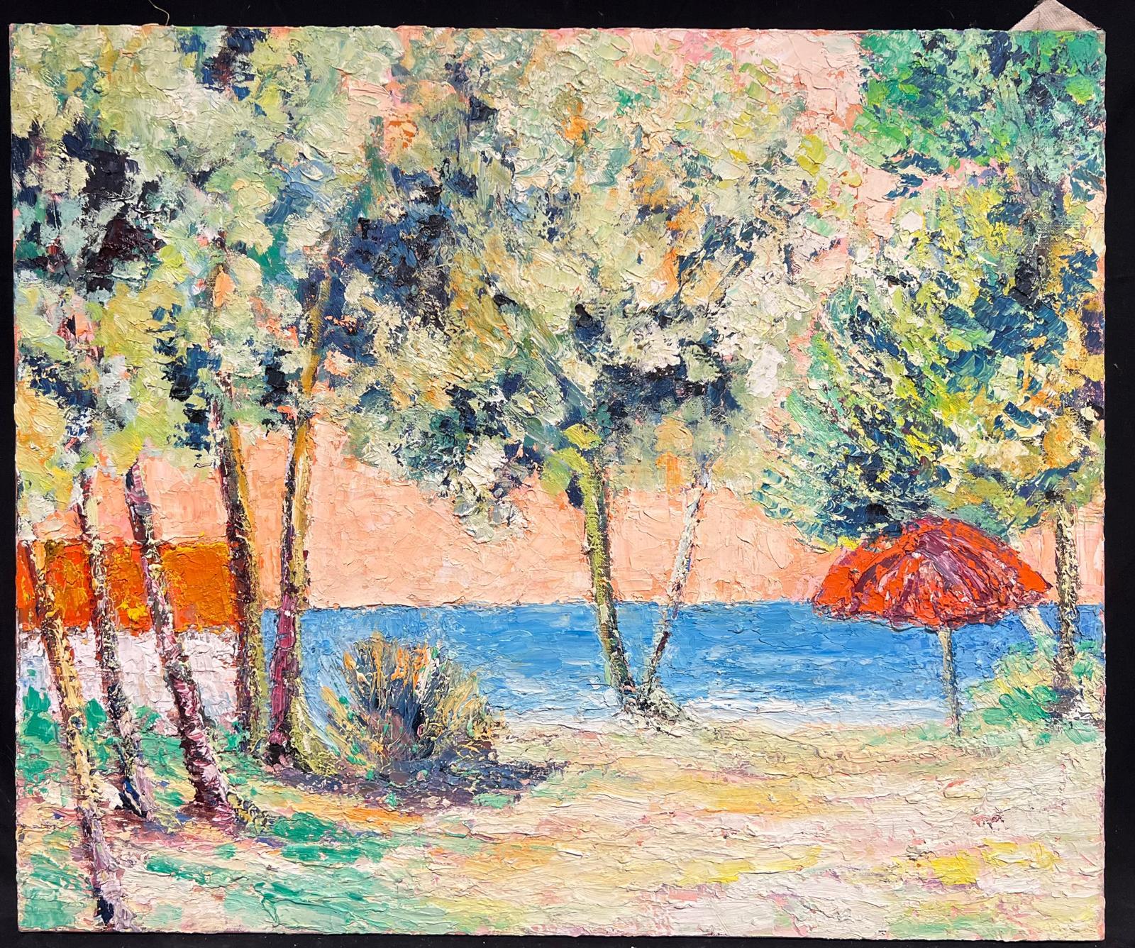 French Post-Impressionist Oil Painting Mid 20th Century Parasol on Beach - Beige Landscape Painting by French School